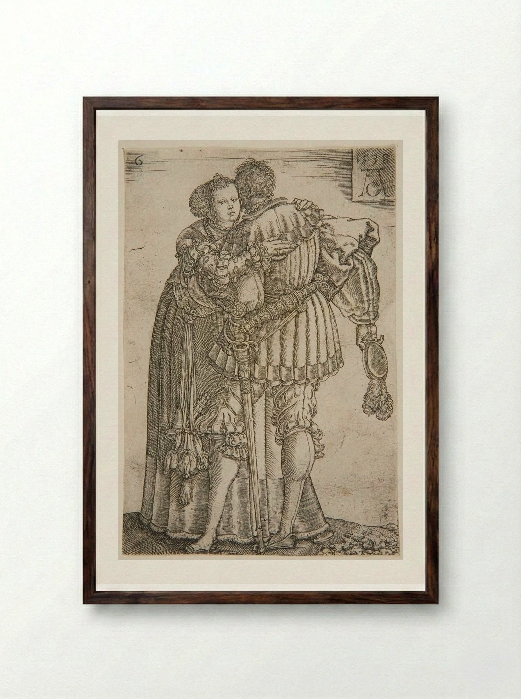 Couple Embracing - Heinrich Aldegrever - Framed Print Dark Wood