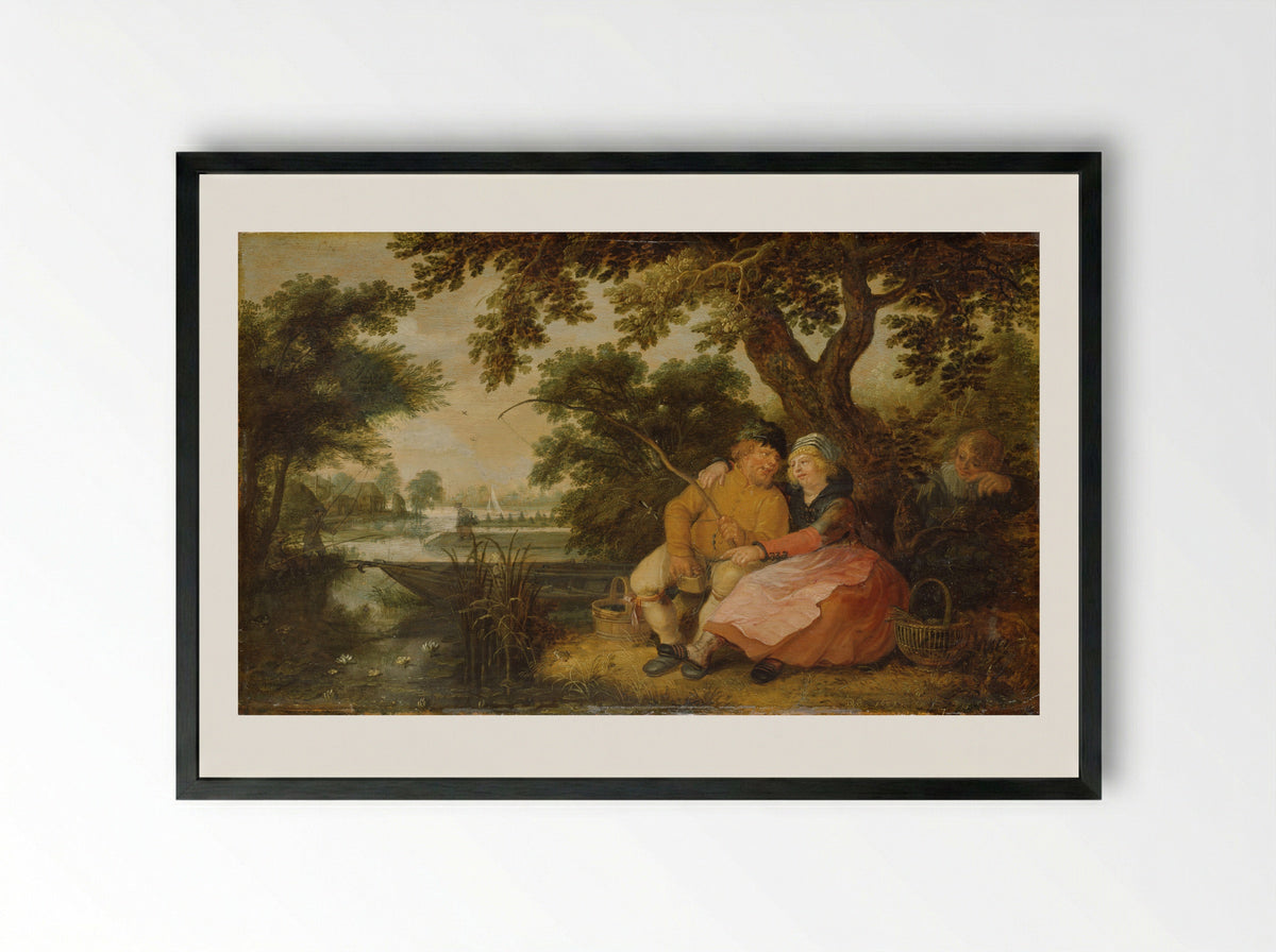 Couple Fishing by a River - David Vinckboons - Framed Print Black