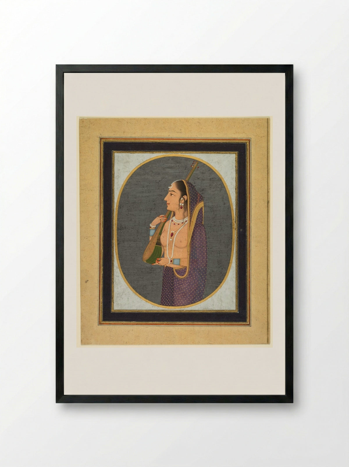 Court lady singing and playing the vina - Muhammad Rizavi Hindi - Framed Print Black