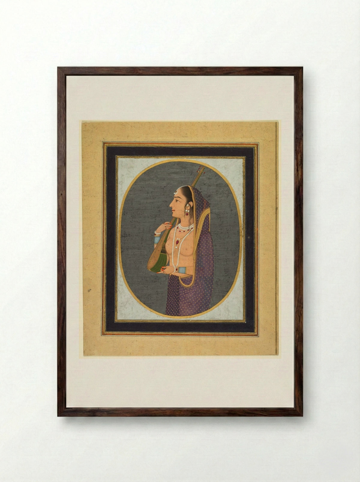 Court lady singing and playing the vina - Muhammad Rizavi Hindi - Framed Print Dark Wood