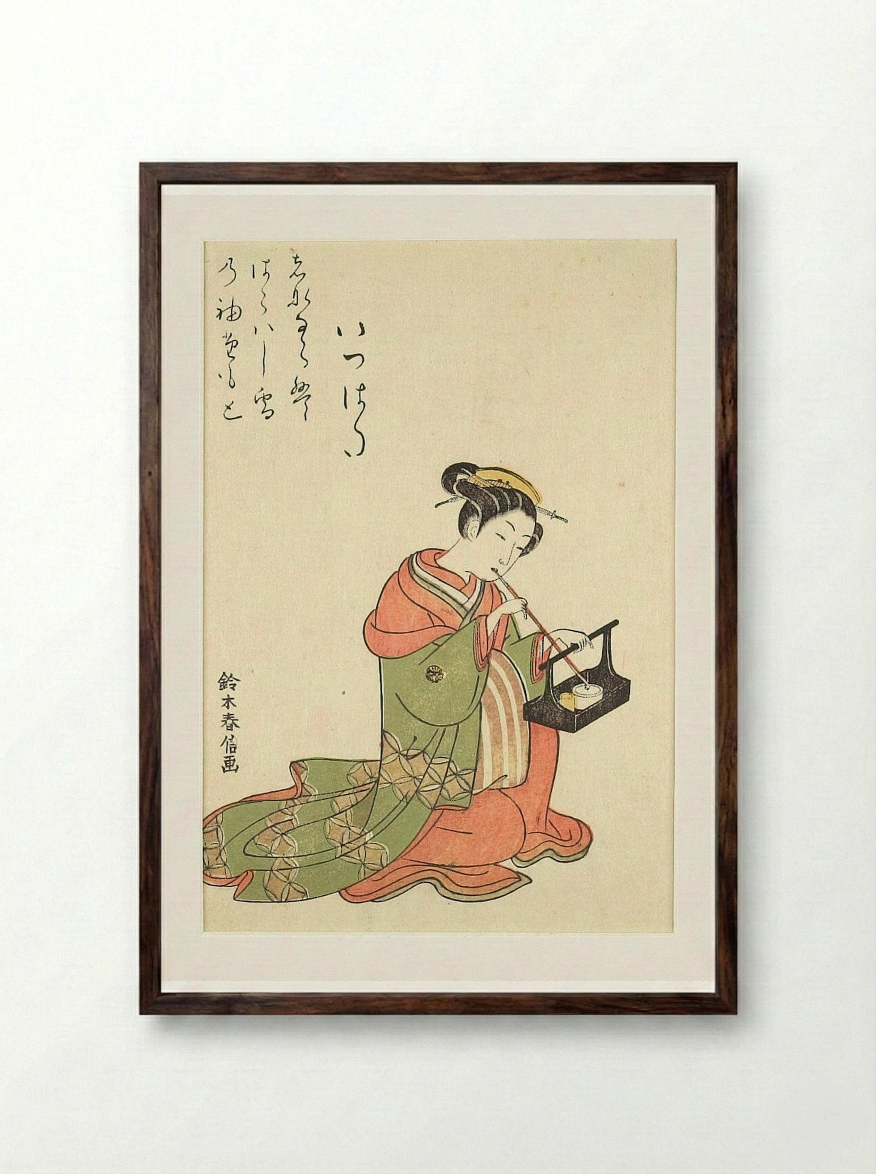 Courtesan Itsuhata Smoking Her Pipe - Suzuki Harunobu - Framed Print Dark Wood