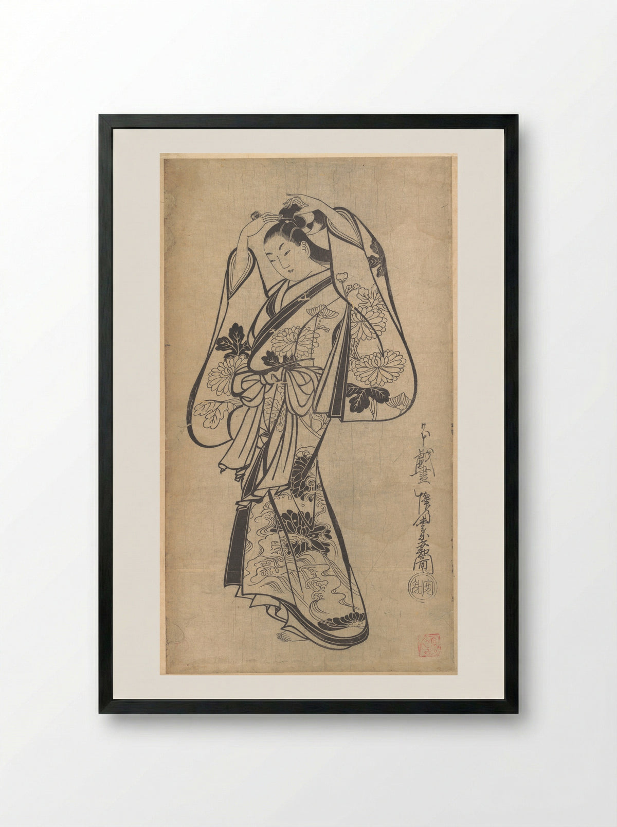 Courtesan Placing a Hairpin in Her Hair - Kaigetsudō Anchi - Framed Print Black