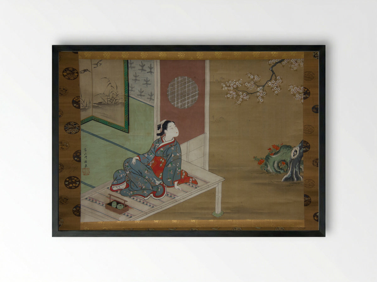 Courtesan Resting on the Veranda - Furuyama Moromasa - Framed Print Black
