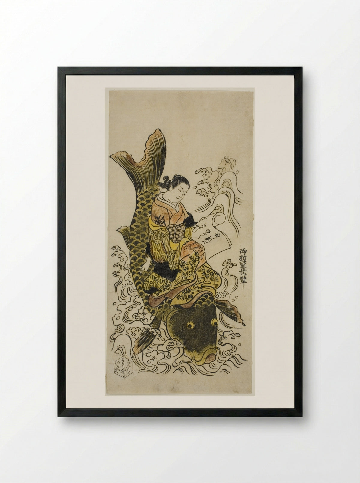 Courtesan Riding a Carp (Parody of the Daoist Immortal Kinko) - Nishimura Shigenaga - Framed Print Black