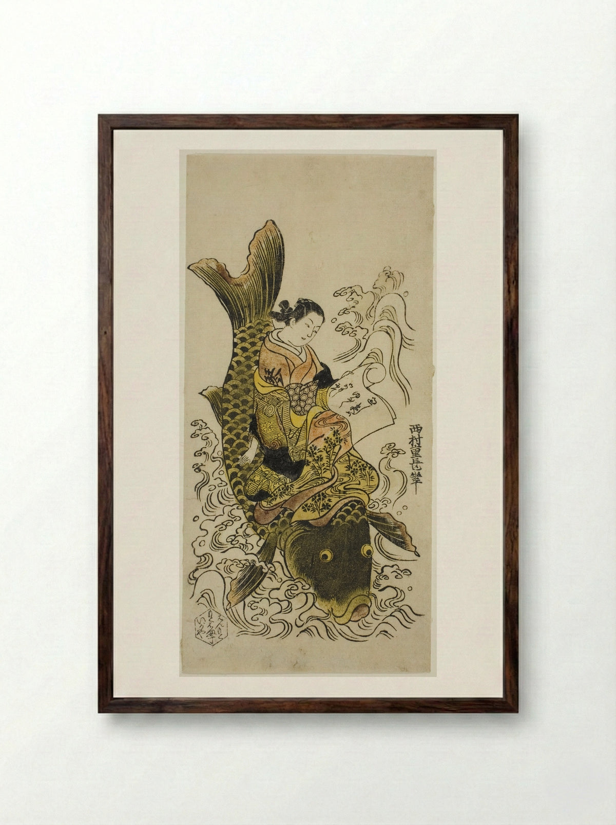 Courtesan Riding a Carp (Parody of the Daoist Immortal Kinko) - Nishimura Shigenaga - Framed Print Dark Wood