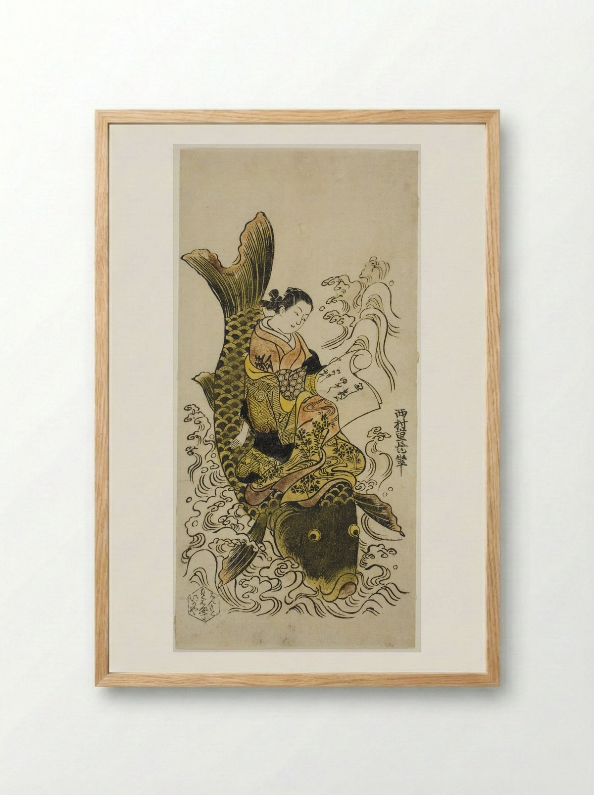 Courtesan Riding a Carp (Parody of the Daoist Immortal Kinko) - Nishimura Shigenaga - Framed Print Wood