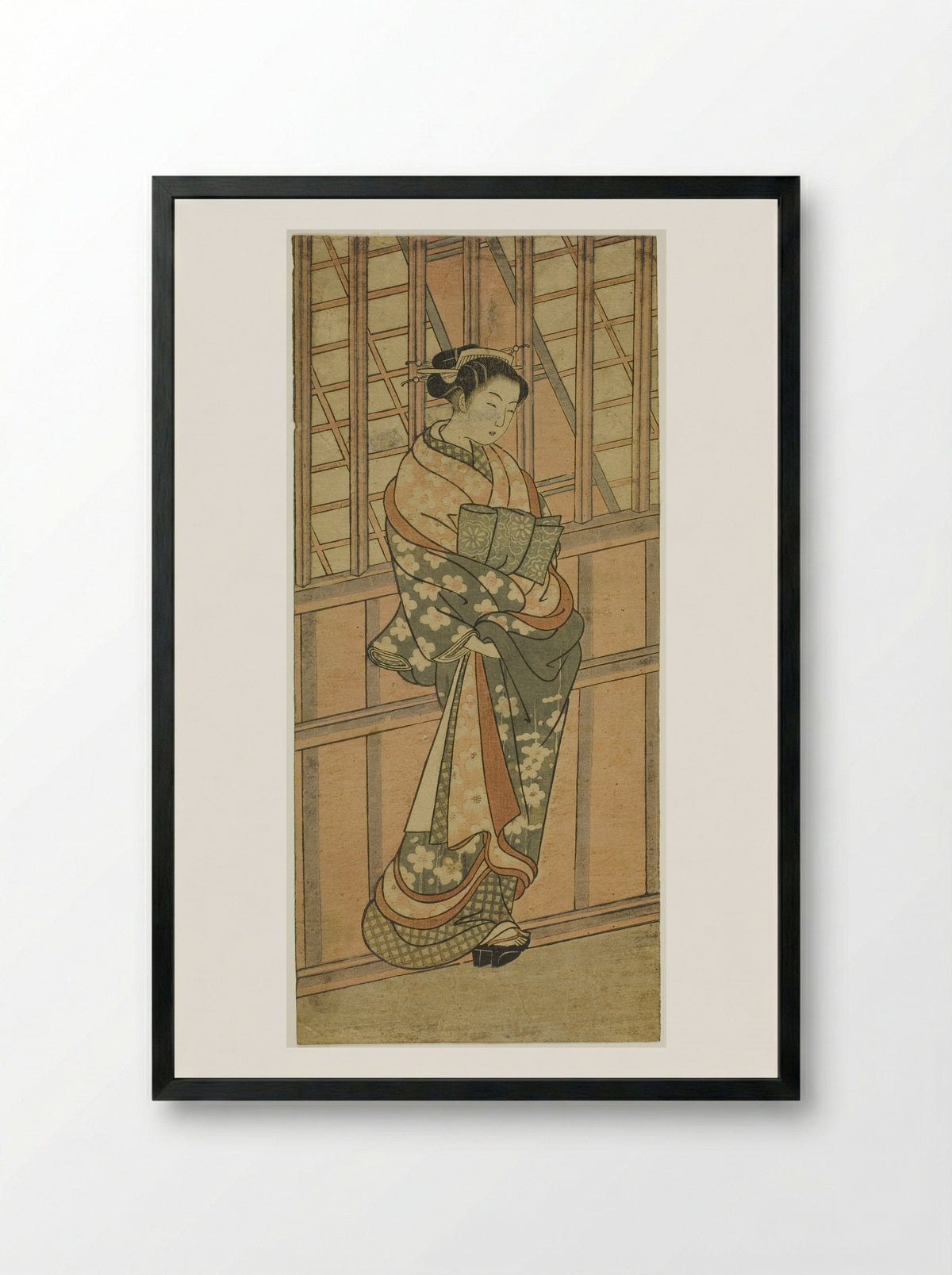 Courtesan Standing in Front of a Barred Window - Ishikawa Toyonobu - Framed Print Black