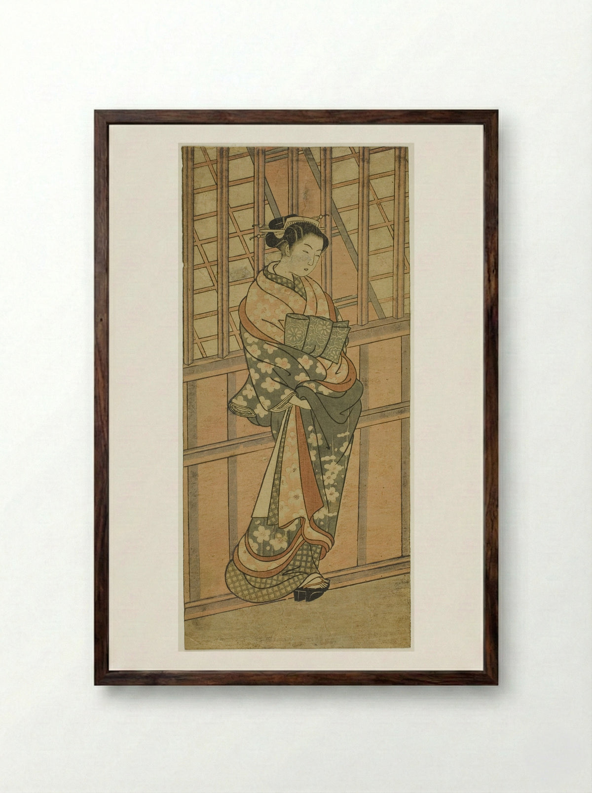 Courtesan Standing in Front of a Barred Window - Ishikawa Toyonobu - Framed Print Dark Wood