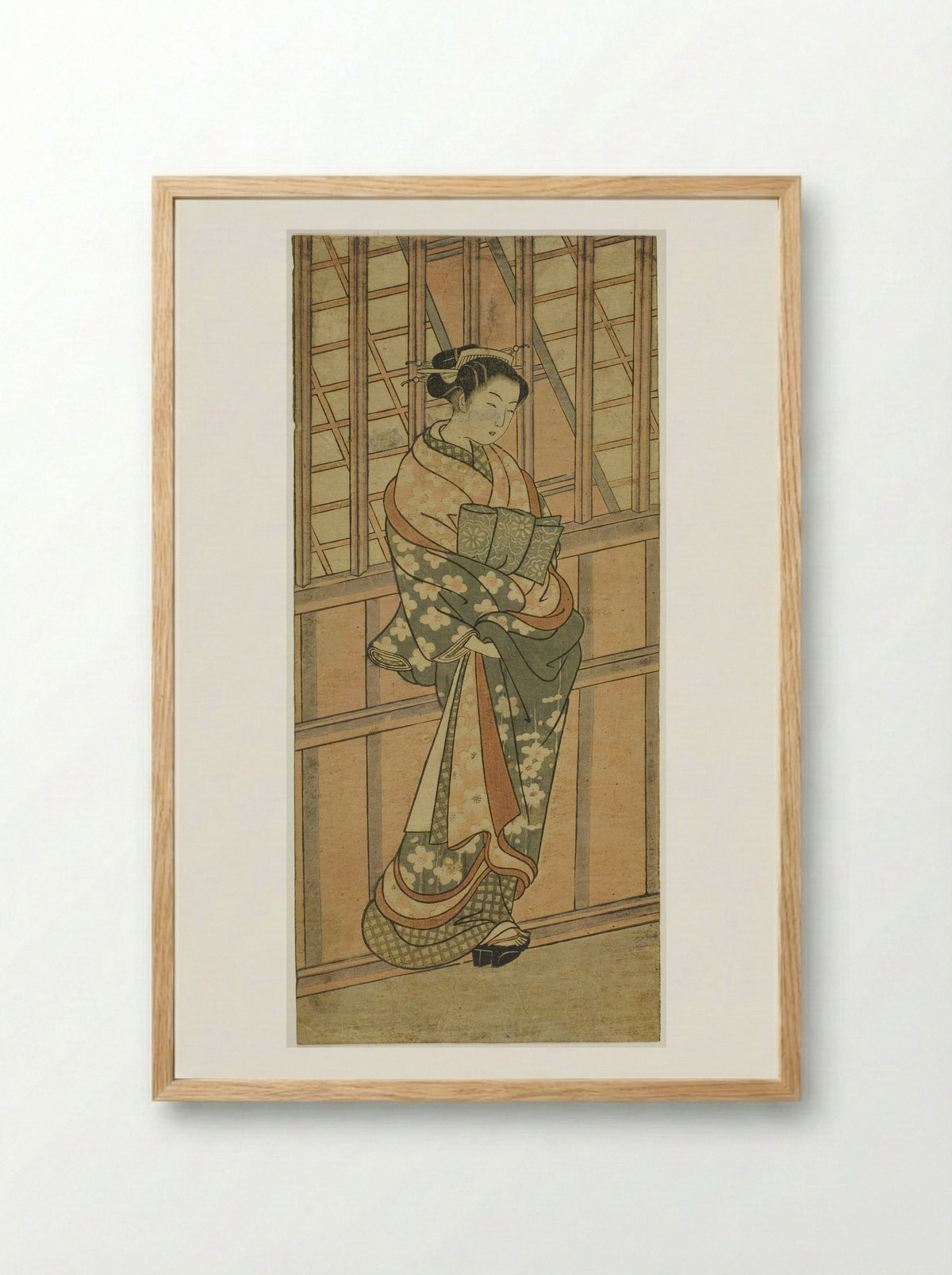 Courtesan Standing in Front of a Barred Window - Ishikawa Toyonobu - Framed Print Wood
