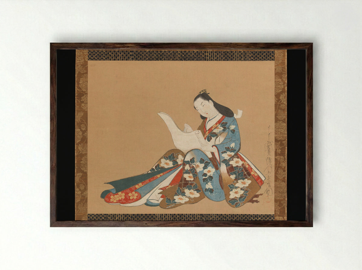 Courtesan Writing a Letter - Kaigetsudō Doshin - Framed Print Dark Wood