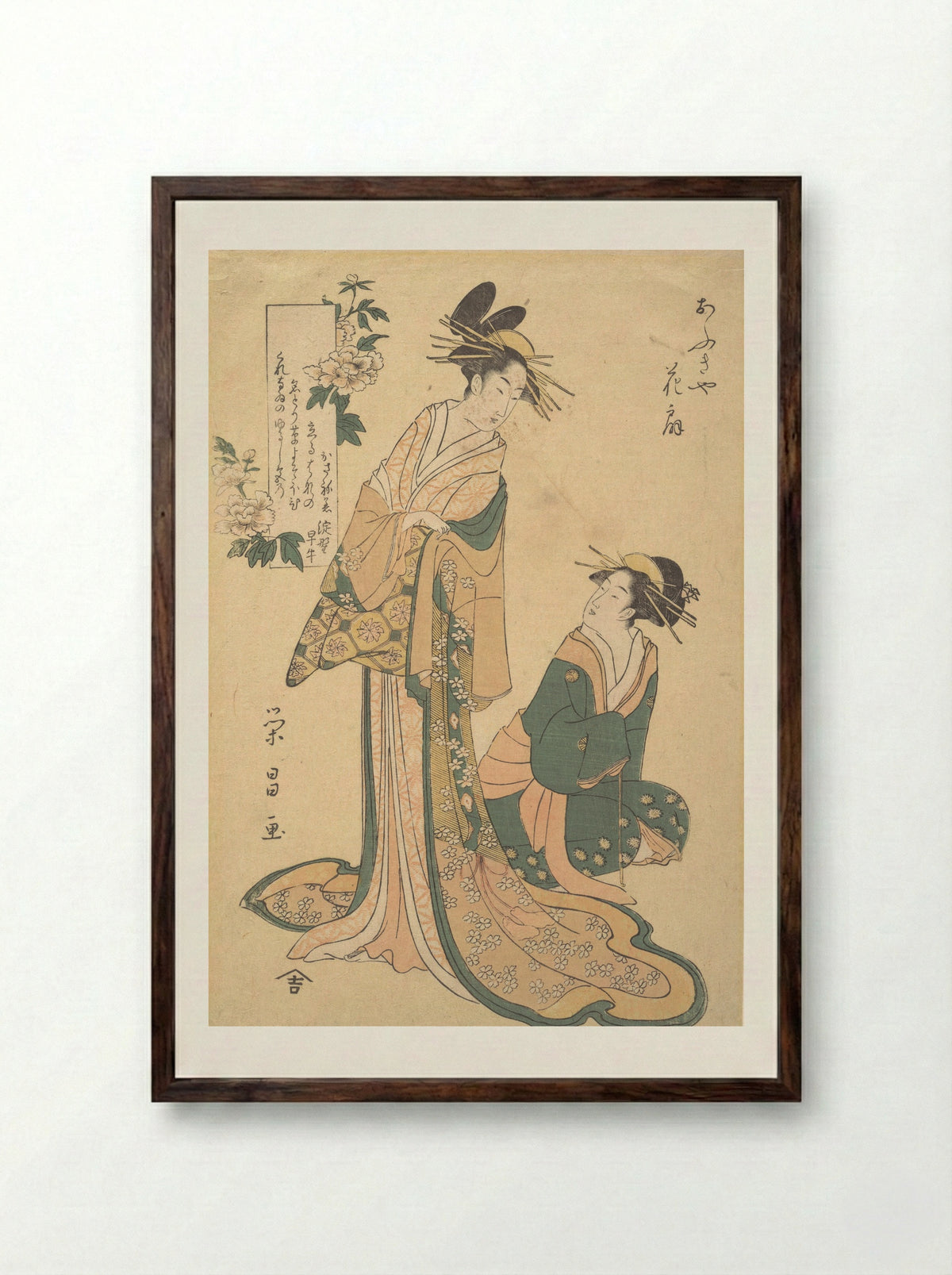 Courtesan and Her Maid - Chōkōsai Eishō - Framed Print Dark Wood