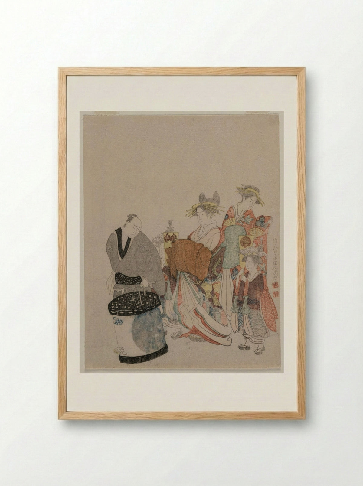 Courtesan on the Town with Attendants at Night - Kubo Shunman - Framed Print Wood