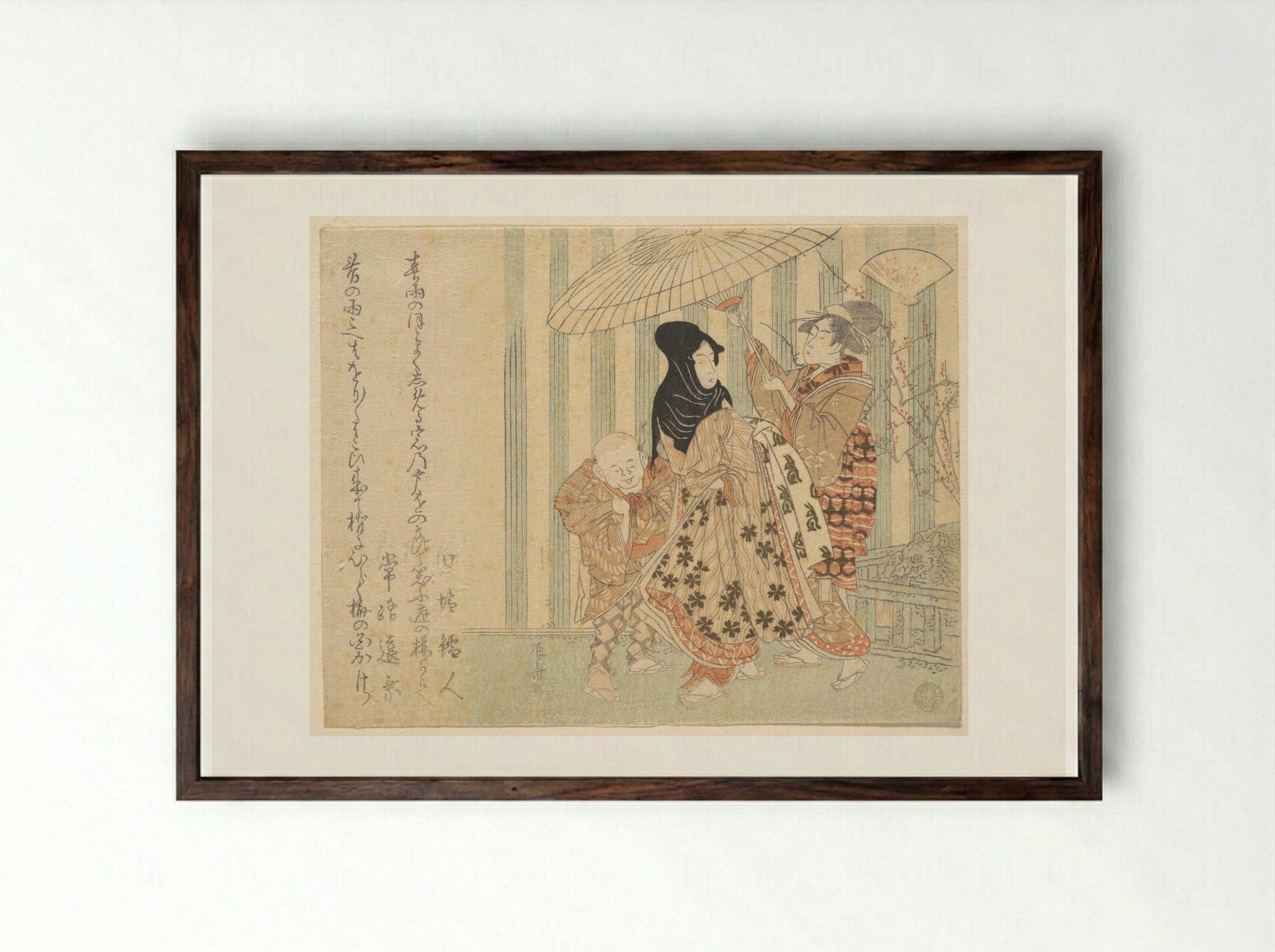 Courtesan with Attendants, Boy and Maid, in the Rain Under an Umbrella - Ryūryūkyo Shinsai - Framed Print Dark Wood