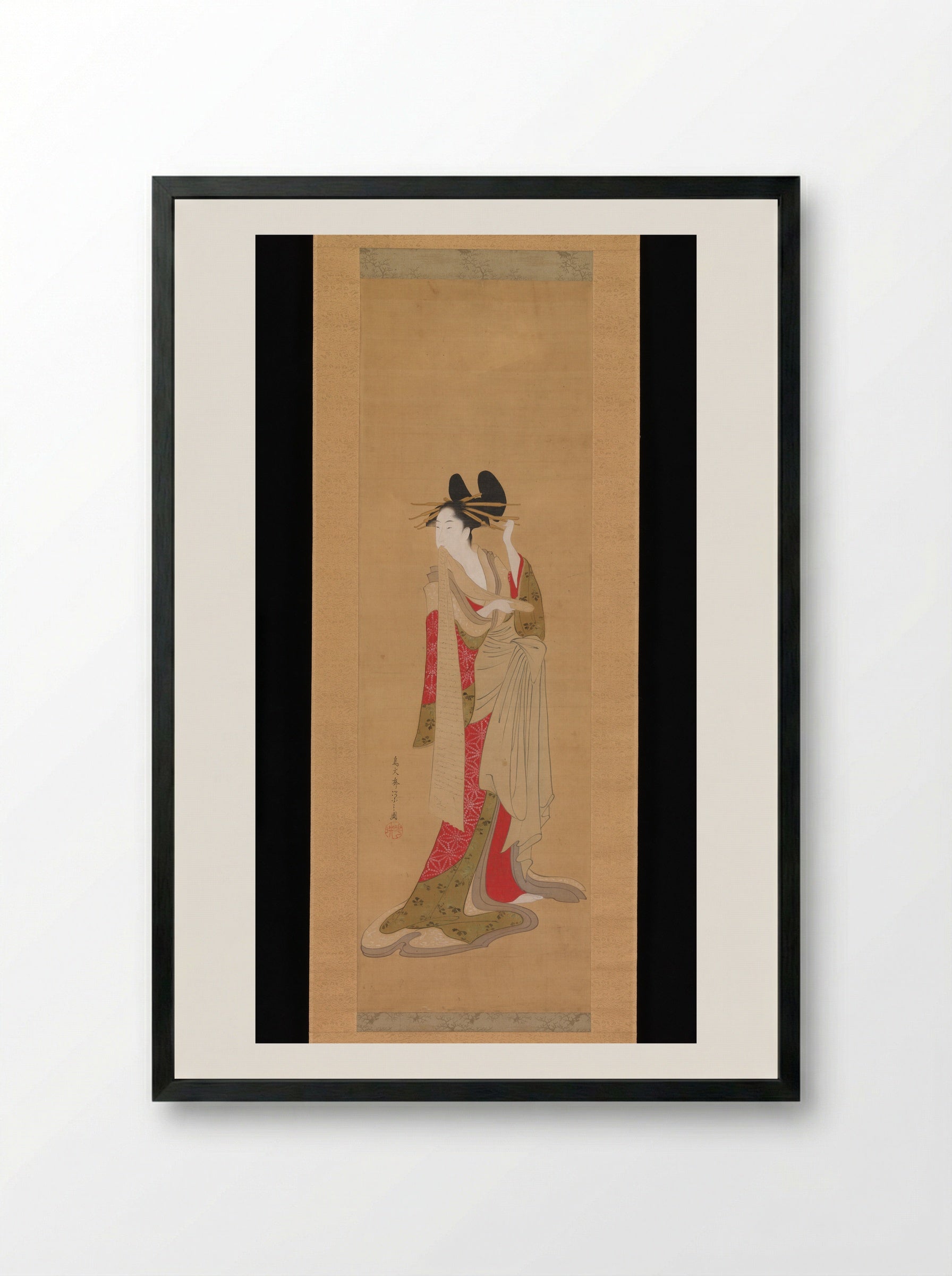 Courtesan with a Letter in Her Mouth - Chōbunsai Eishi - Framed Print Black