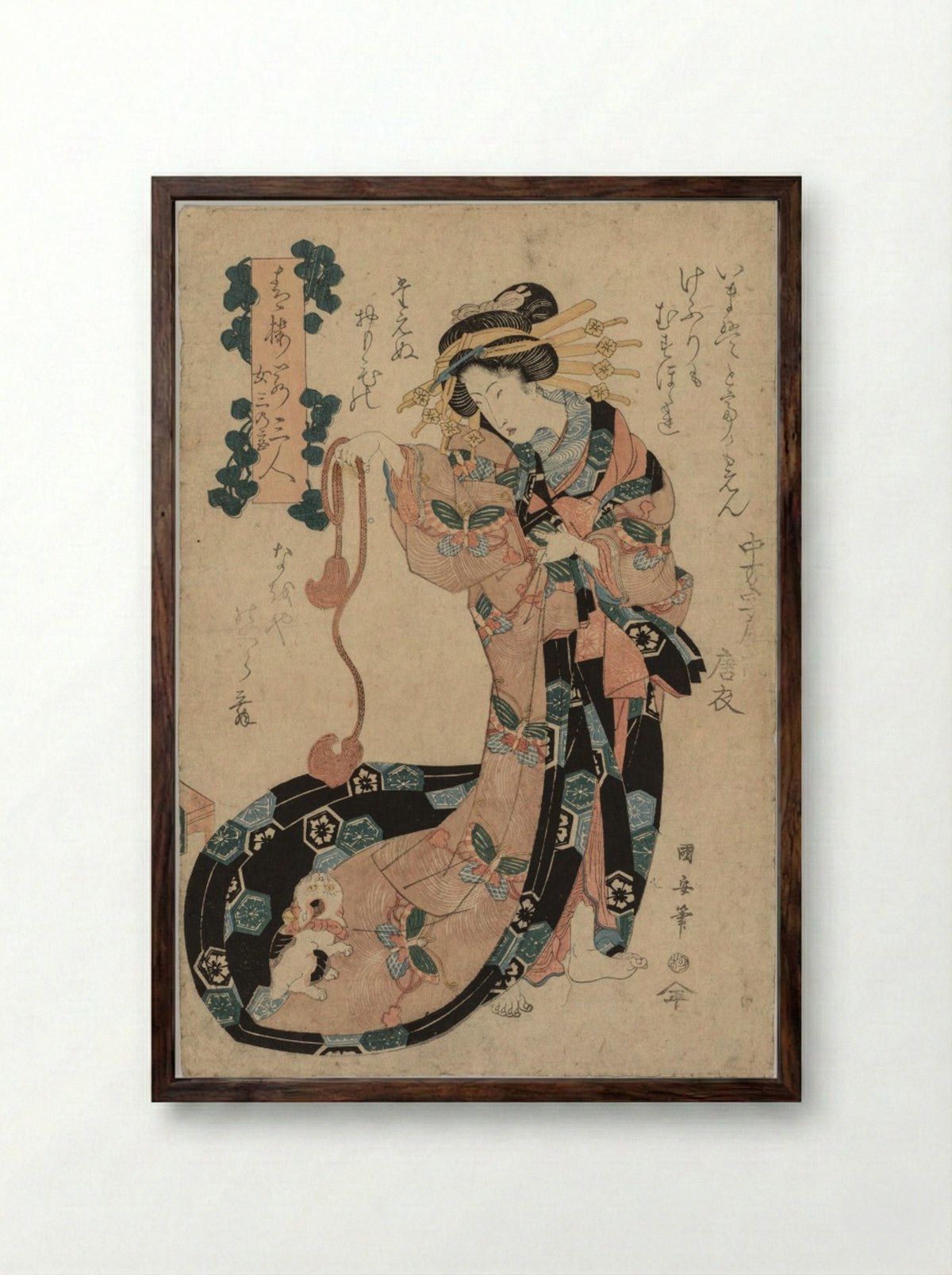 Courtesan with a Small Dog - Utagawa Kuniyasu - Framed Print Dark Wood