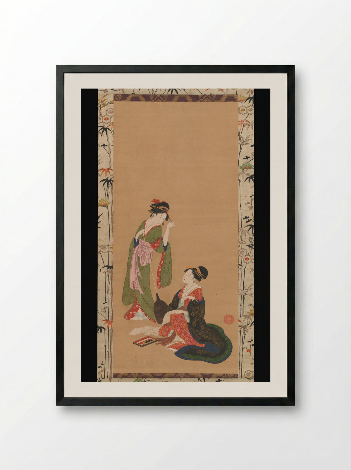 Courtesans Parodying Kanzan and Jittoku - Kinpūsha Toyomaro - Framed Print Black