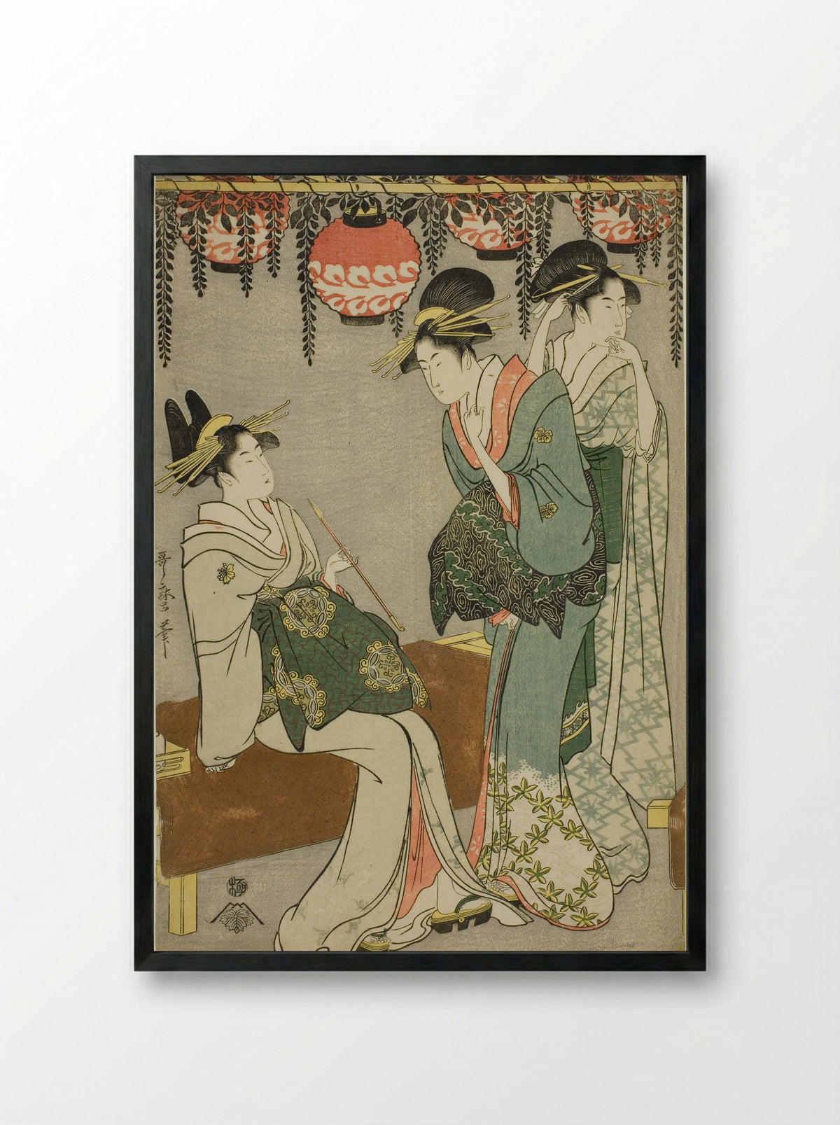 Courtesans beneath Wisteria Arbor - Kitagawa Utamaro - Framed Print Black