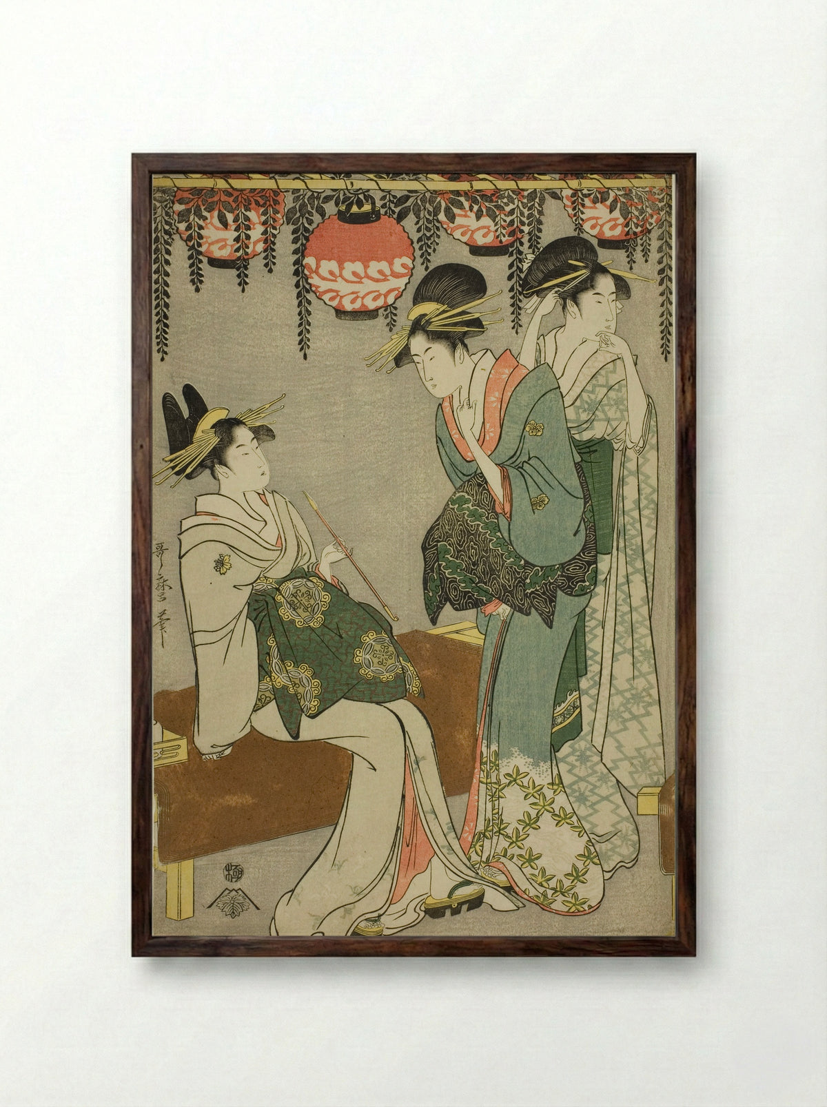 Courtesans beneath Wisteria Arbor - Kitagawa Utamaro - Framed Print Dark Wood