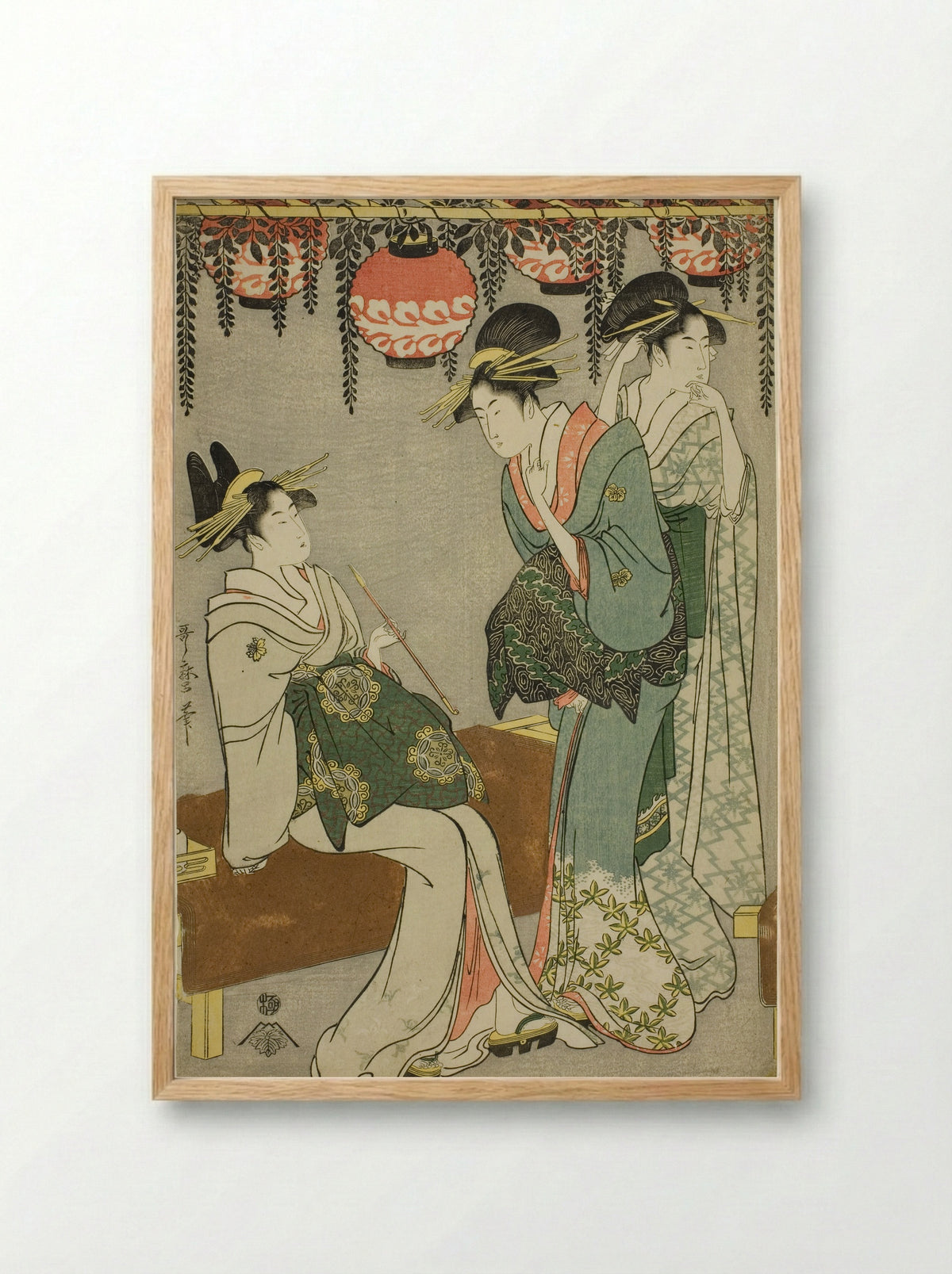 Courtesans beneath Wisteria Arbor - Kitagawa Utamaro - Framed Print Wood