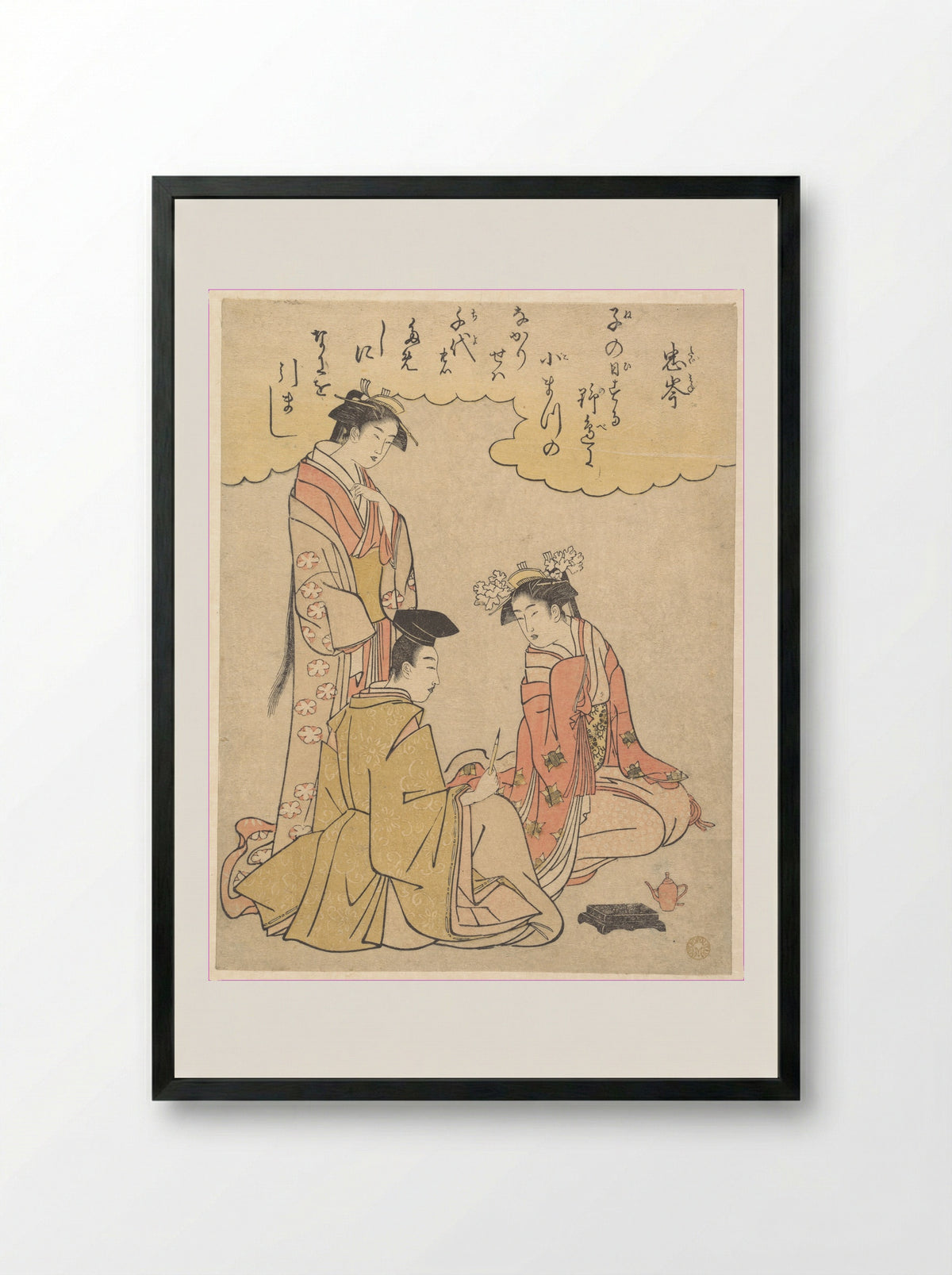 Courtier and Two Ladies of the Court, with a Poem by Mibu no Tadamine - Rekisentei Eiri - Framed Print Black