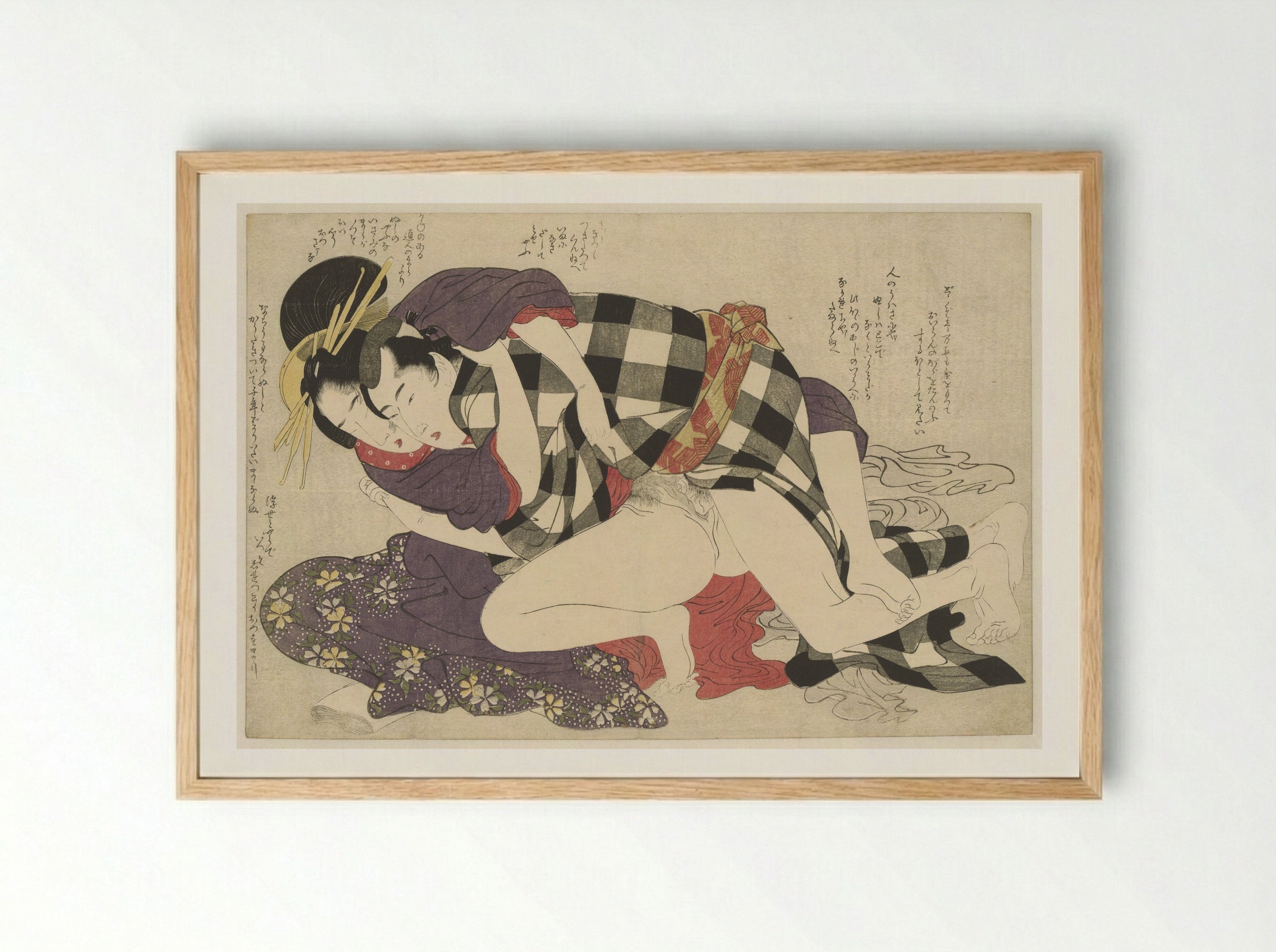 Courtisane met een klant - Kitagawa Utamaro - Framed Print Wood