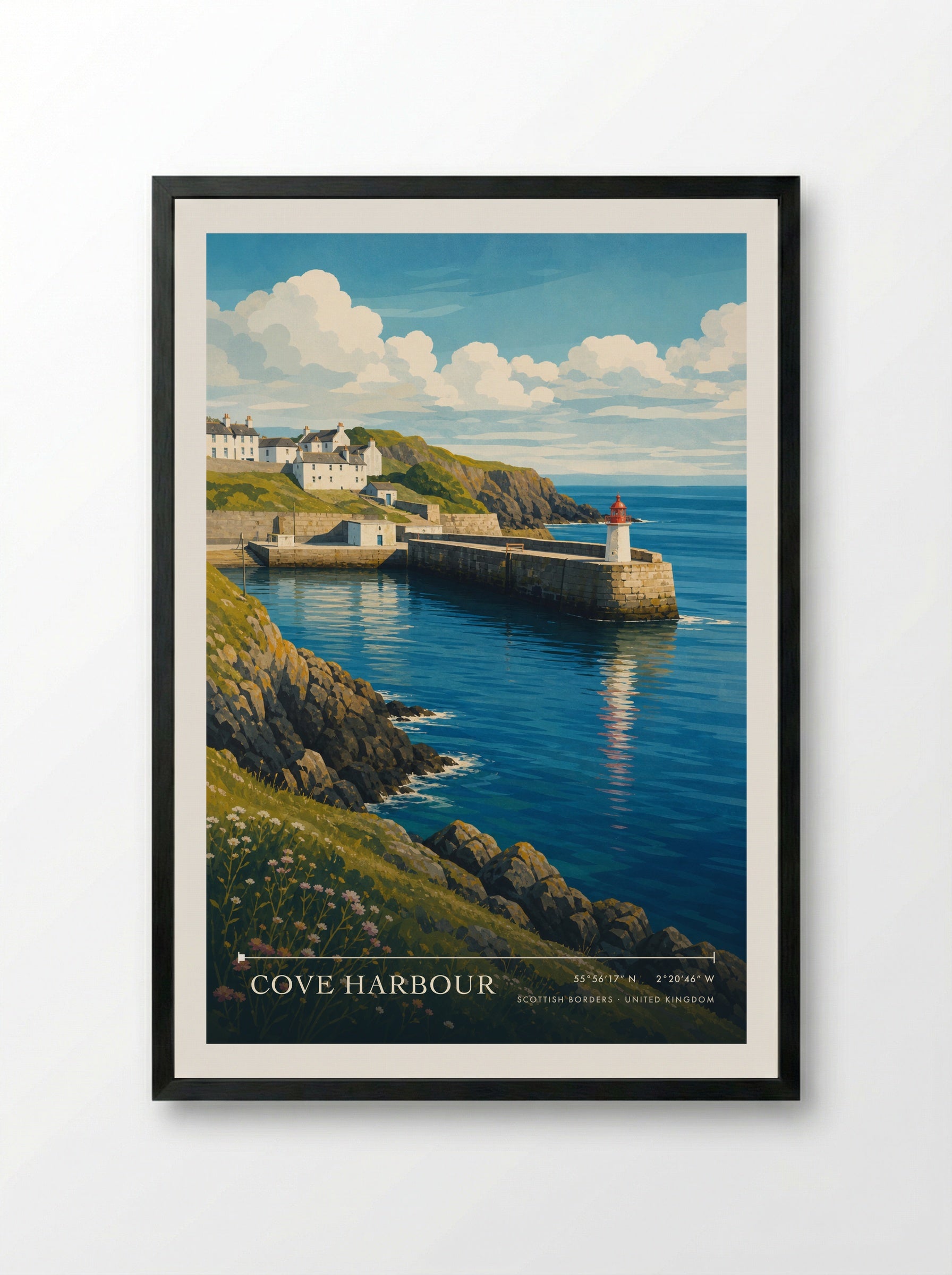 Cove Harbour Scottish Borders United Kingdom Travel Poster - Framed Print Black