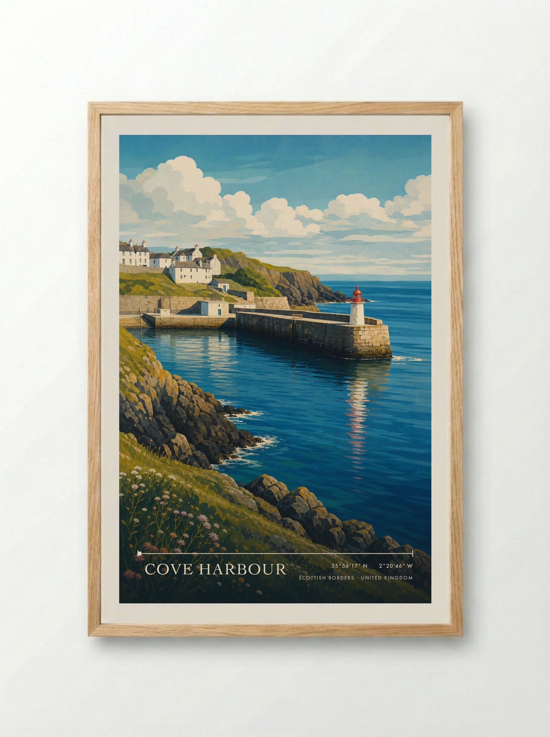 Cove Harbour Scottish Borders United Kingdom Travel Poster - Framed Print Wood