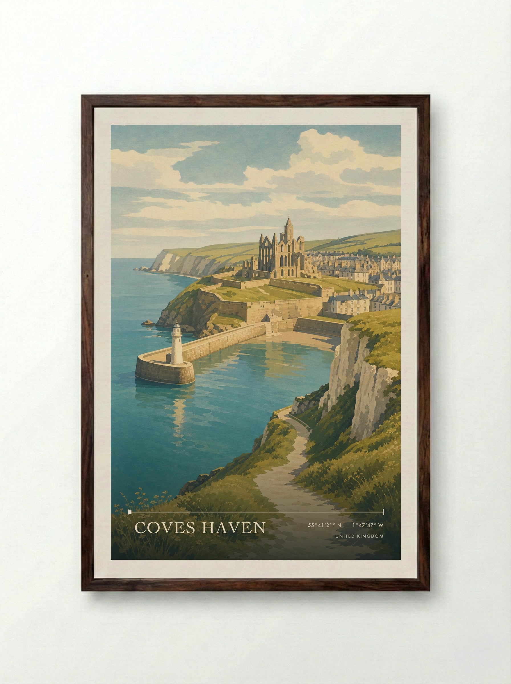 Coves Haven United Kingdom Travel Poster - Framed Print Dark Wood