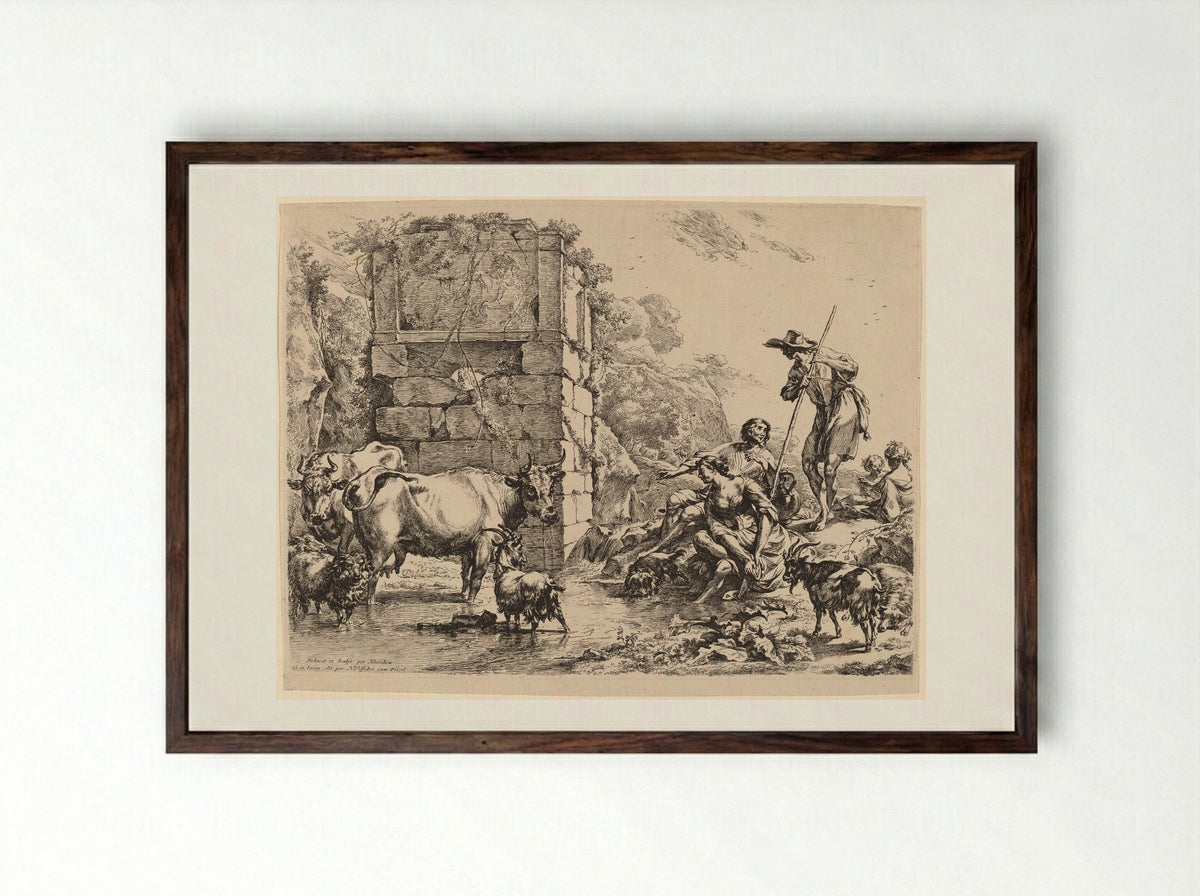 Cow Drinking - Nicolaes Berchem - Framed Print Dark Wood