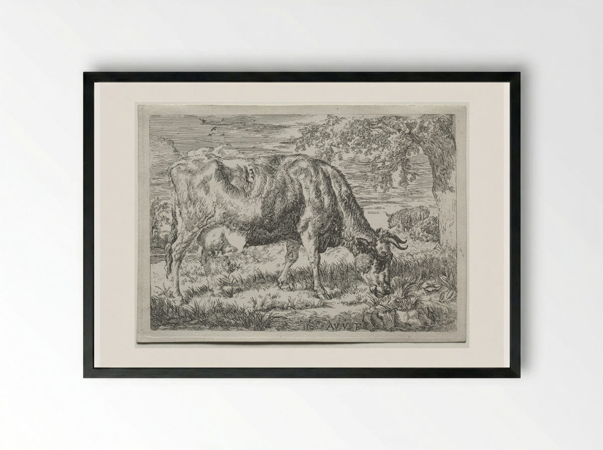 Cow and Two Sheep at the Foot of a Tree - Adriaen van de Velde - Framed Print Black