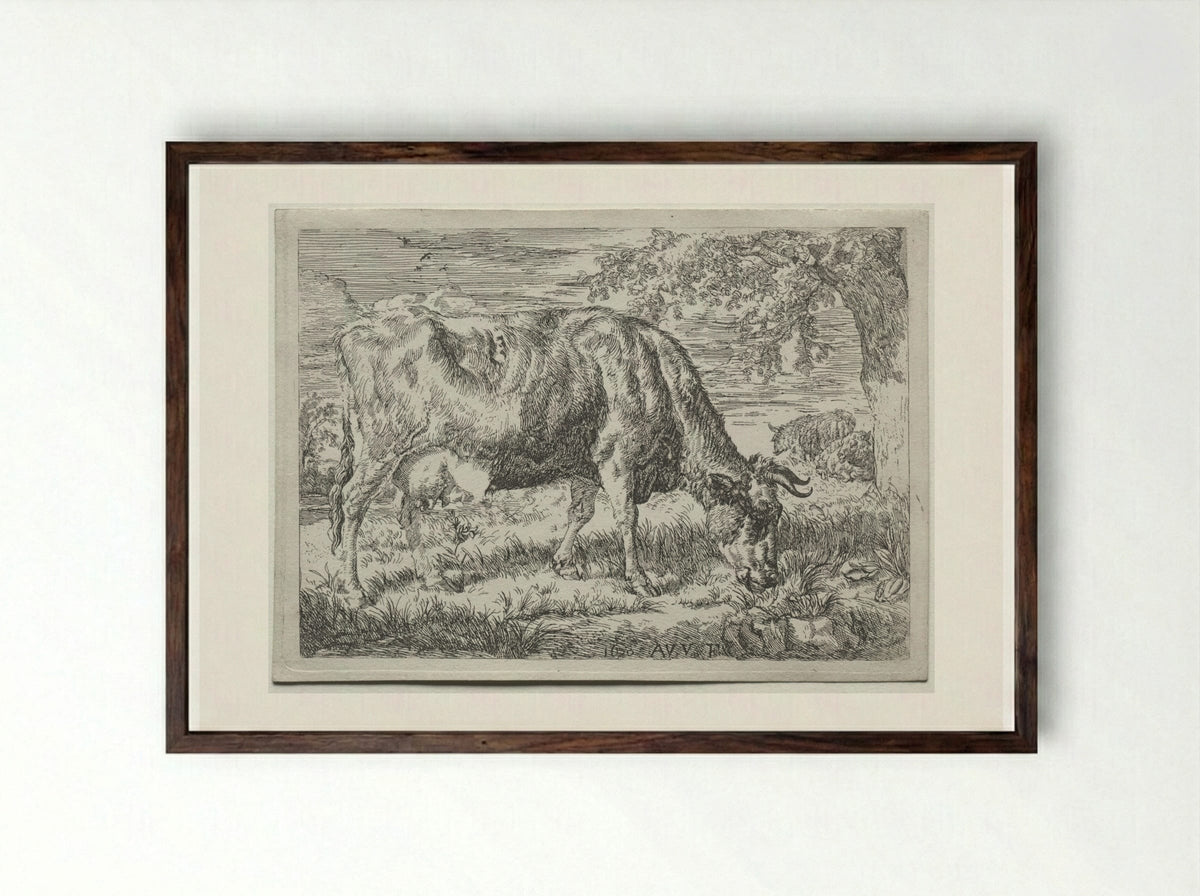 Cow and Two Sheep at the Foot of a Tree - Adriaen van de Velde - Framed Print Dark Wood