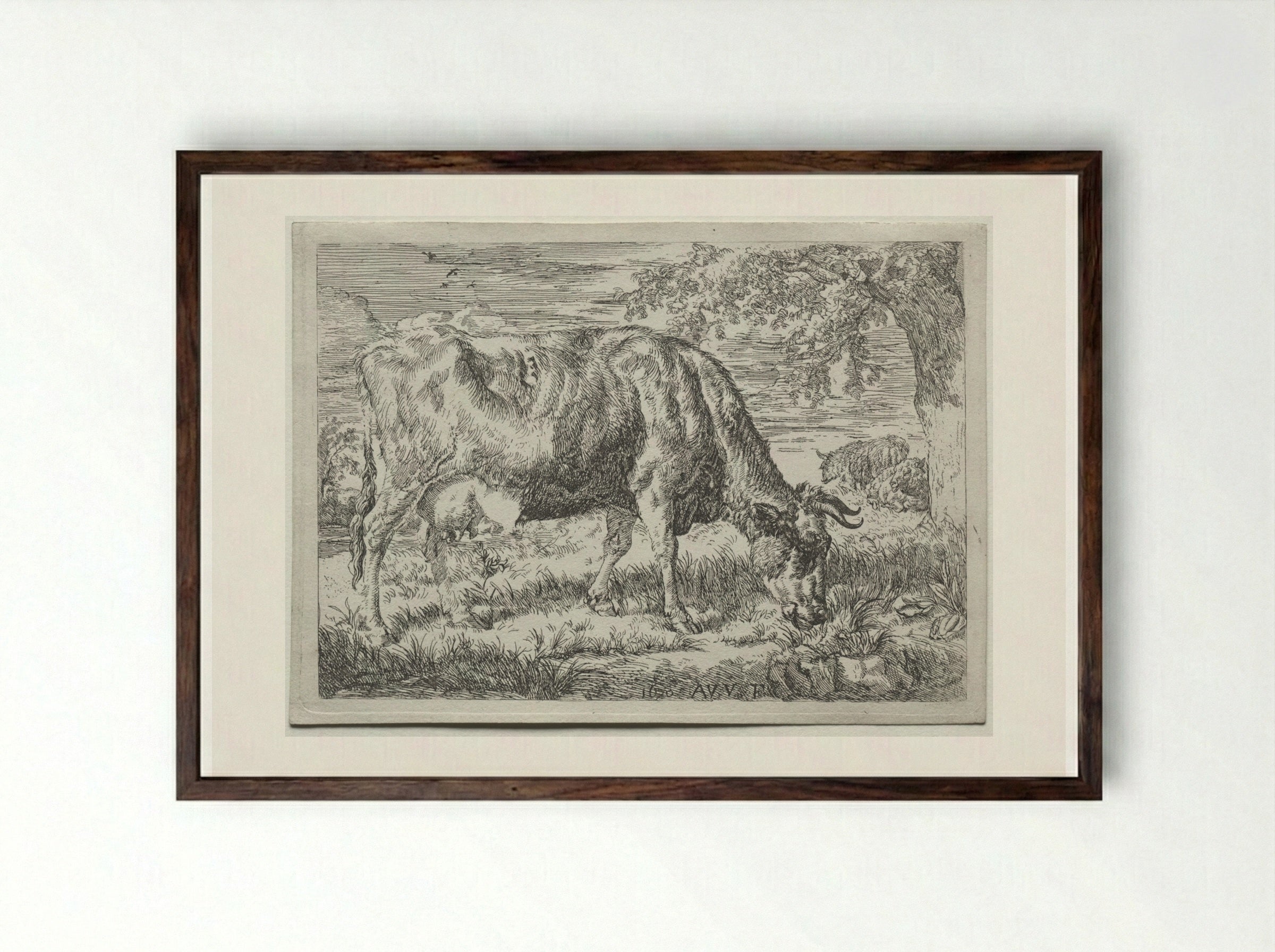 Cow and Two Sheep at the Foot of a Tree - Adriaen van de Velde - Framed Print Dark Wood
