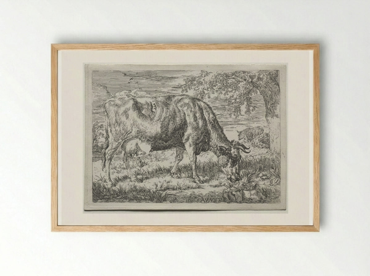 Cow and Two Sheep at the Foot of a Tree - Adriaen van de Velde - Framed Print Wood
