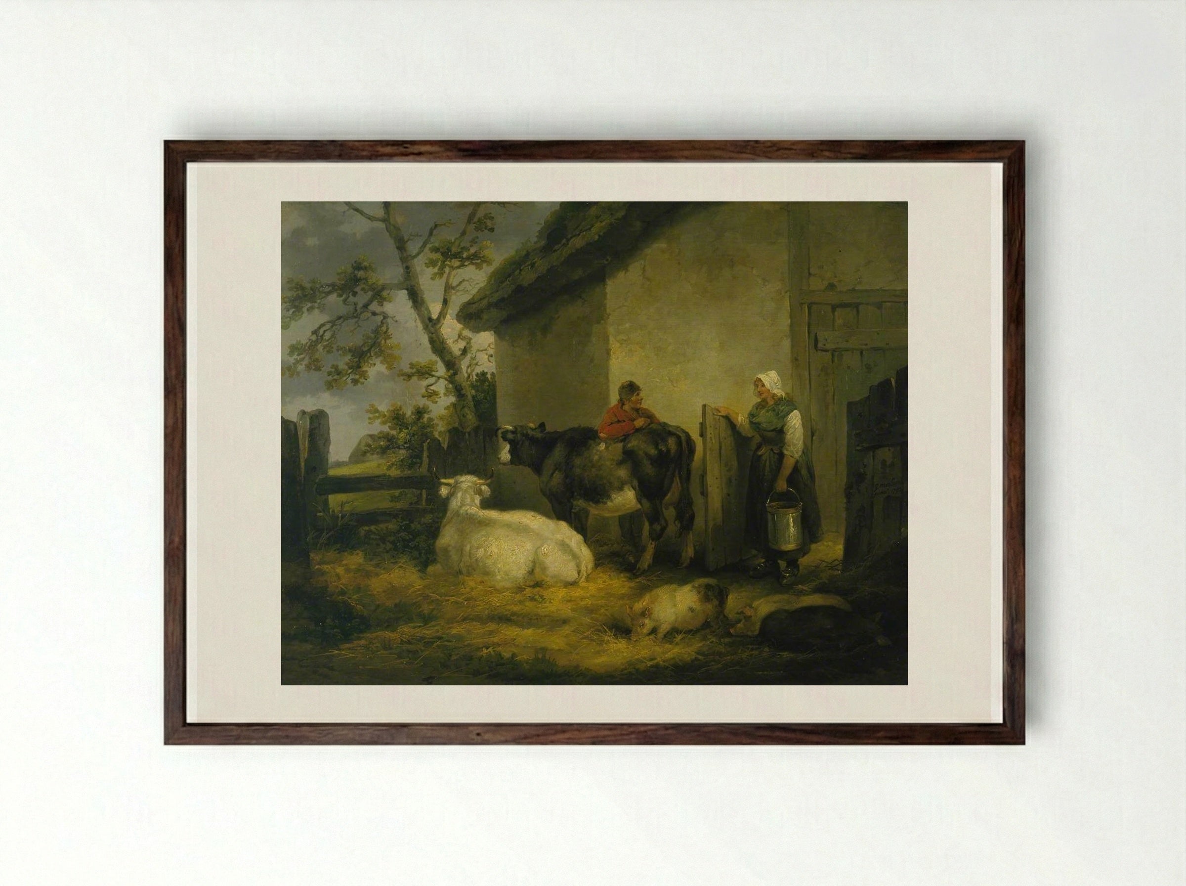 Cowherd and Milkmaid - George Morland - Framed Print Dark Wood