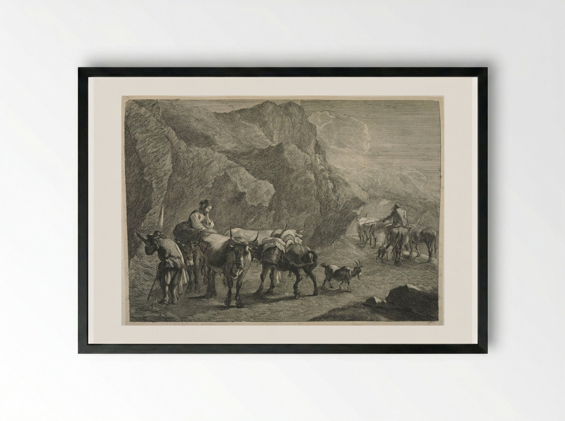 Cowherds and Cattle, Donkeys and a Goat, in a rocky landscape - Cornelis Visscher - Framed Print Black