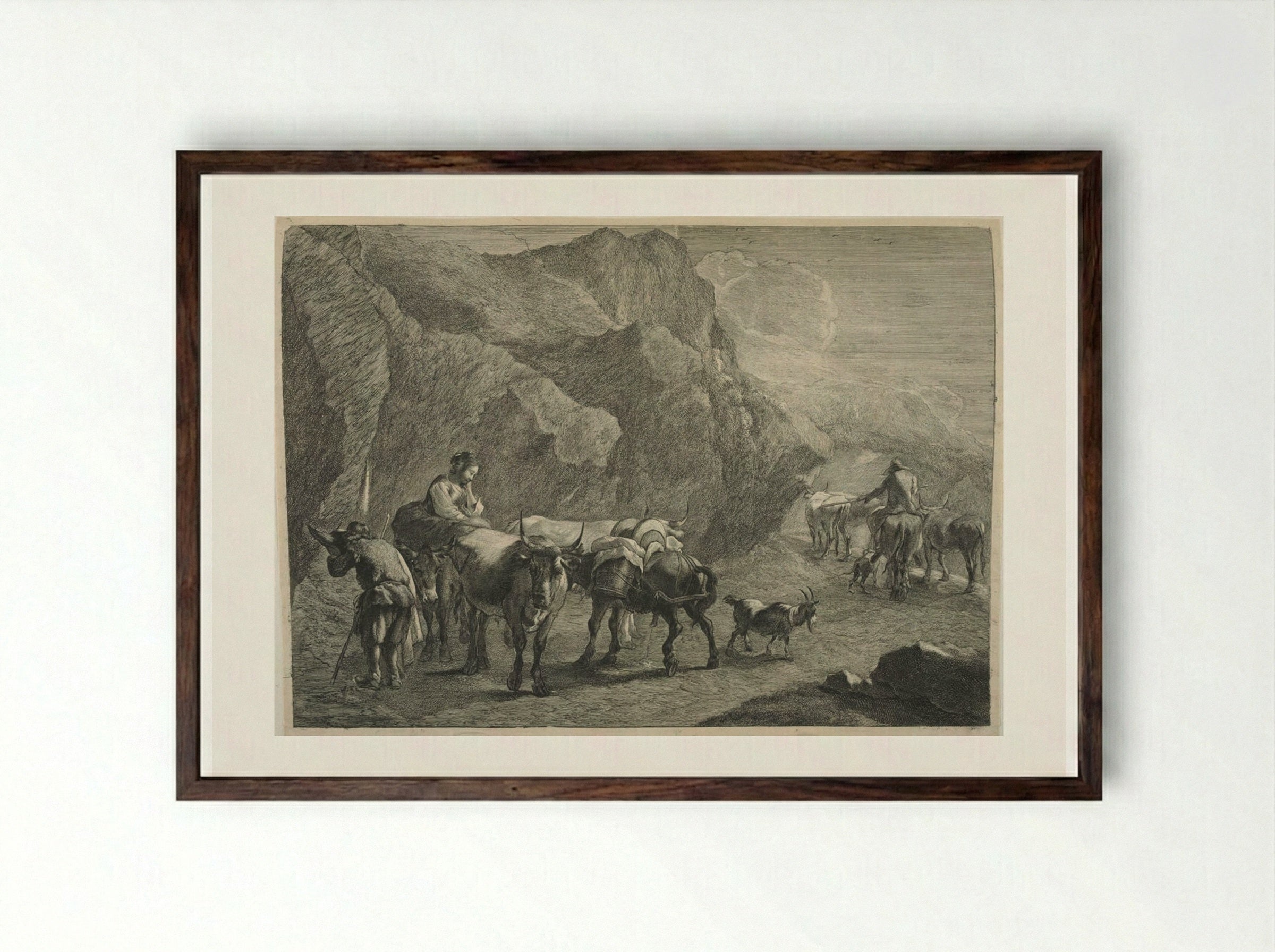Cowherds and Cattle, Donkeys and a Goat, in a rocky landscape - Cornelis Visscher - Framed Print Dark Wood