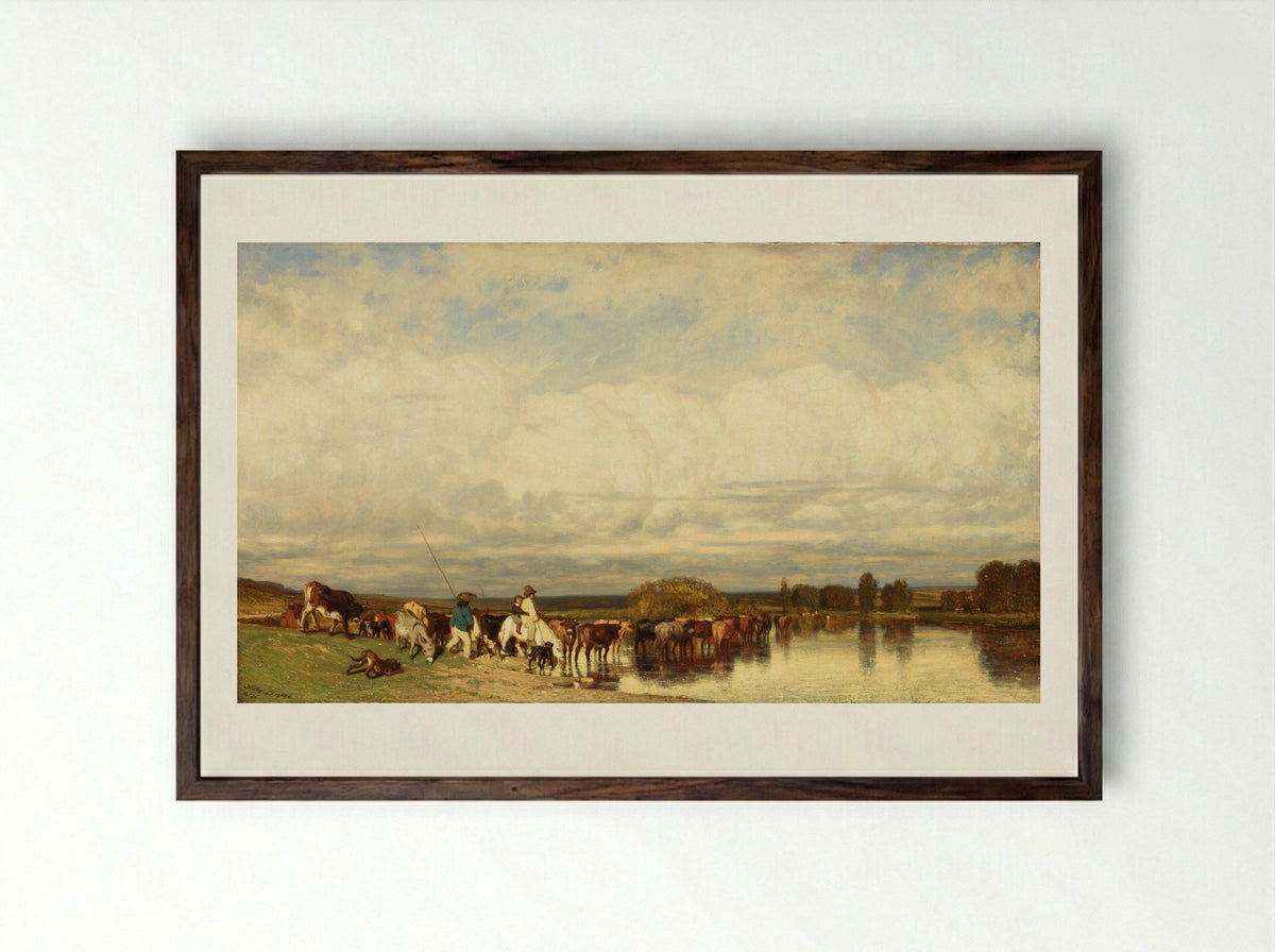 Cows Crossing a Ford - Jules Dupré - Framed Print Dark Wood