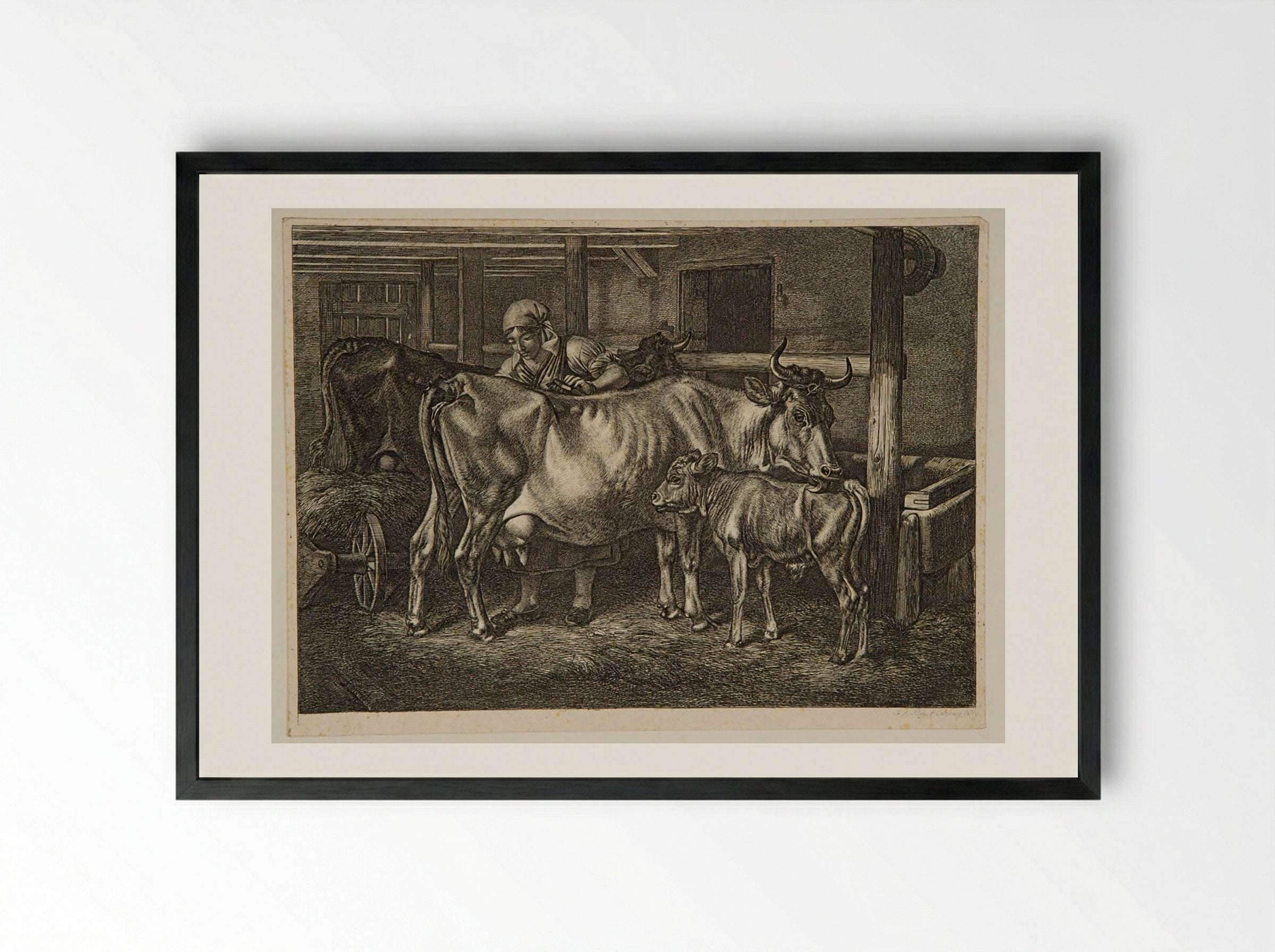 Cows and Calf in a Stable - Johann Adam Klein - Framed Print Black