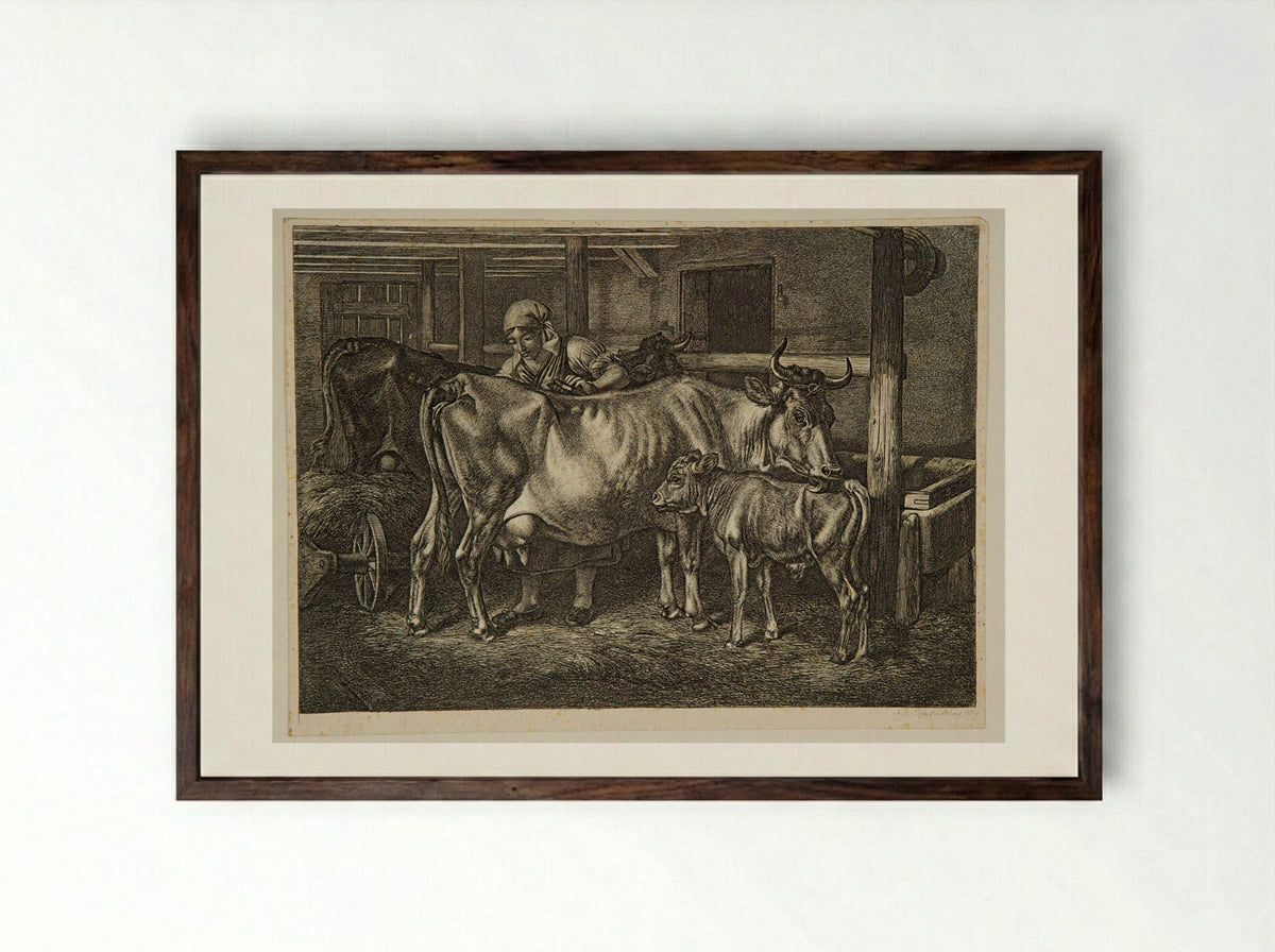 Cows and Calf in a Stable - Johann Adam Klein - Framed Print Dark Wood