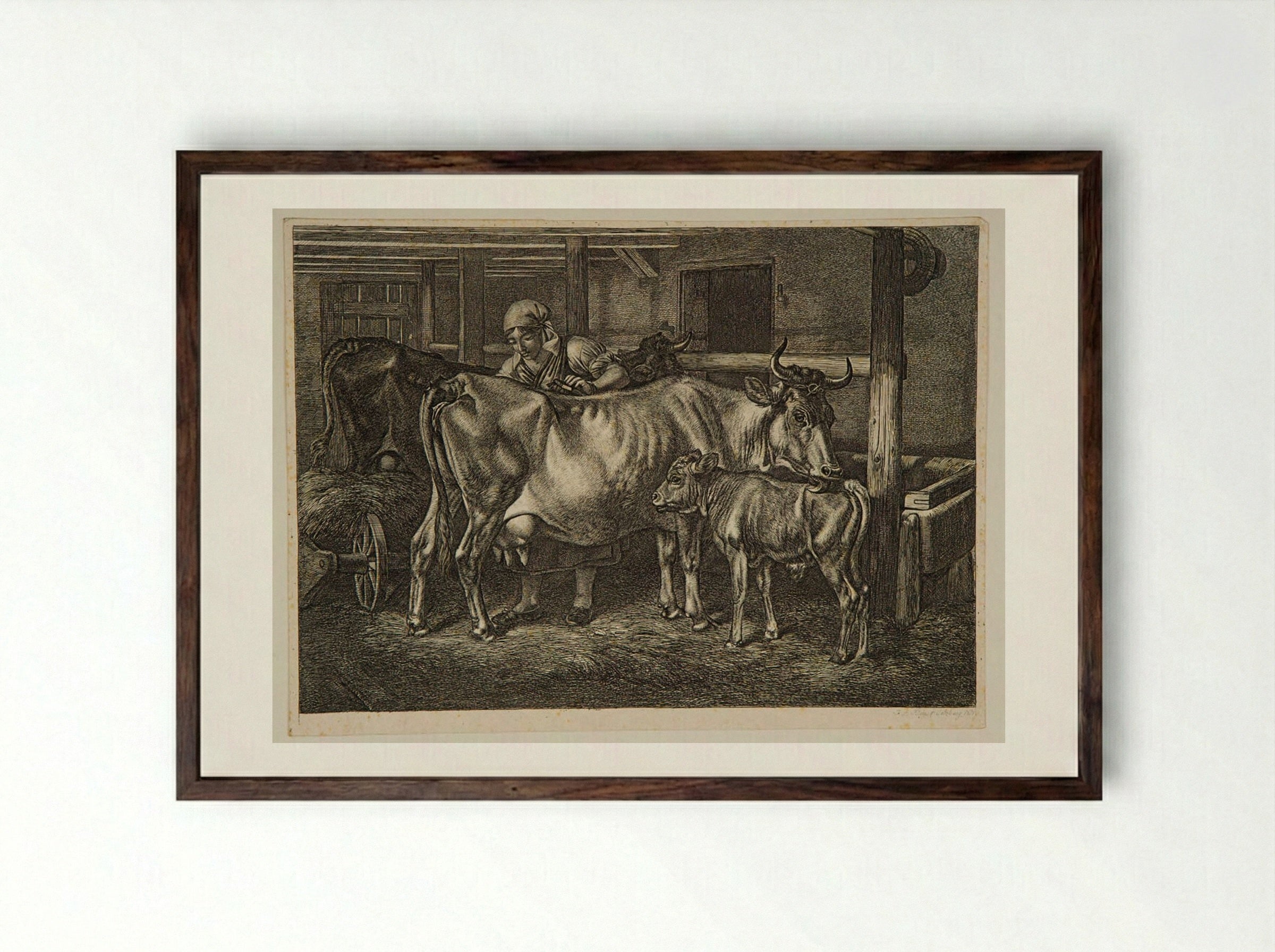 Cows and Calf in a Stable - Johann Adam Klein - Framed Print Dark Wood