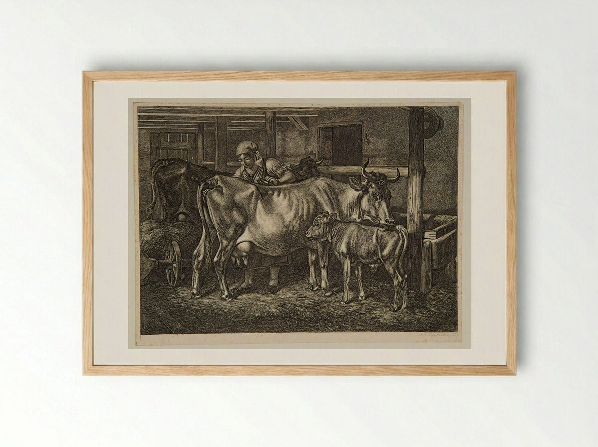 Cows and Calf in a Stable - Johann Adam Klein - Framed Print Wood