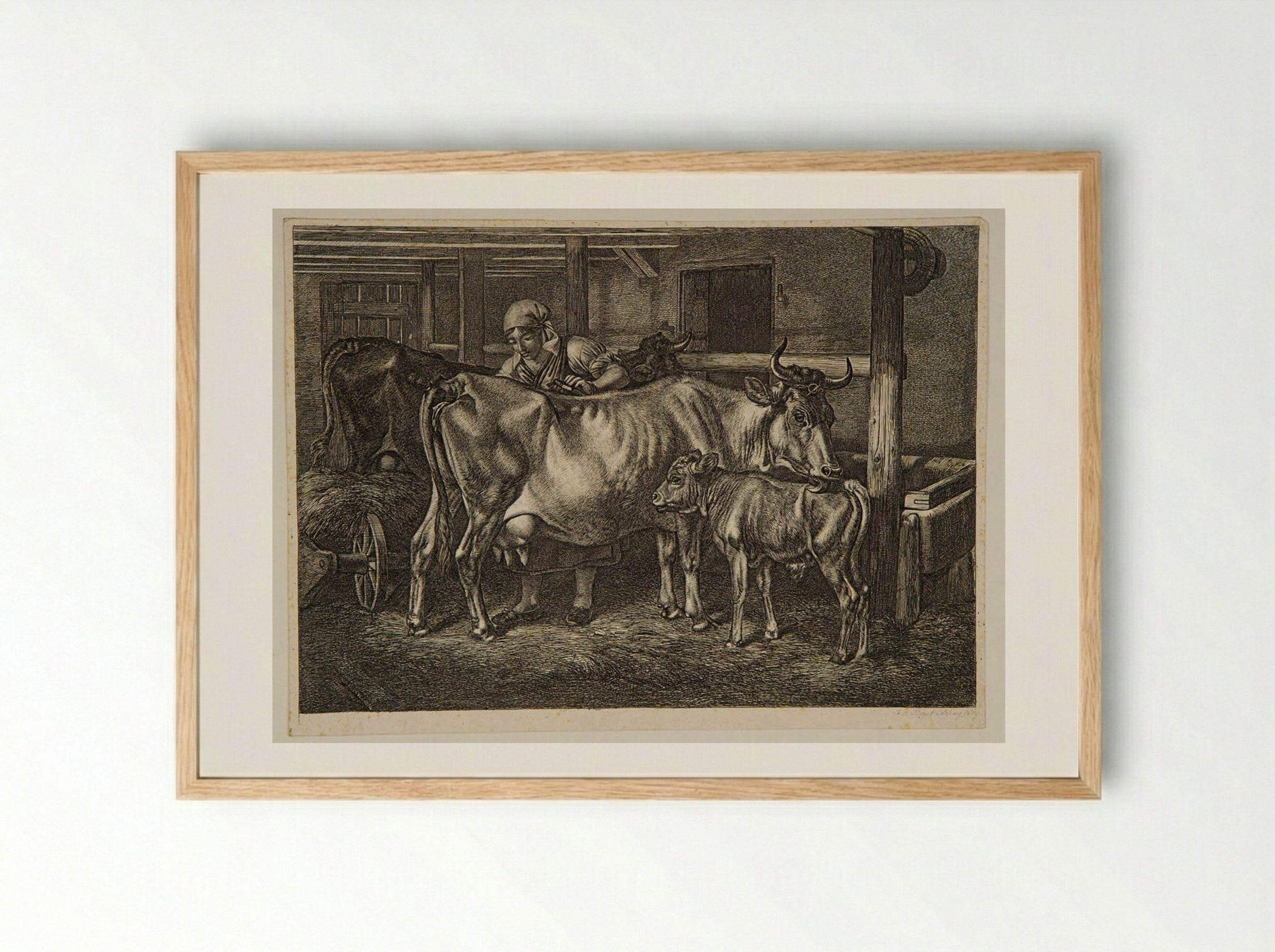 Cows and Calf in a Stable - Johann Adam Klein - Framed Print Wood