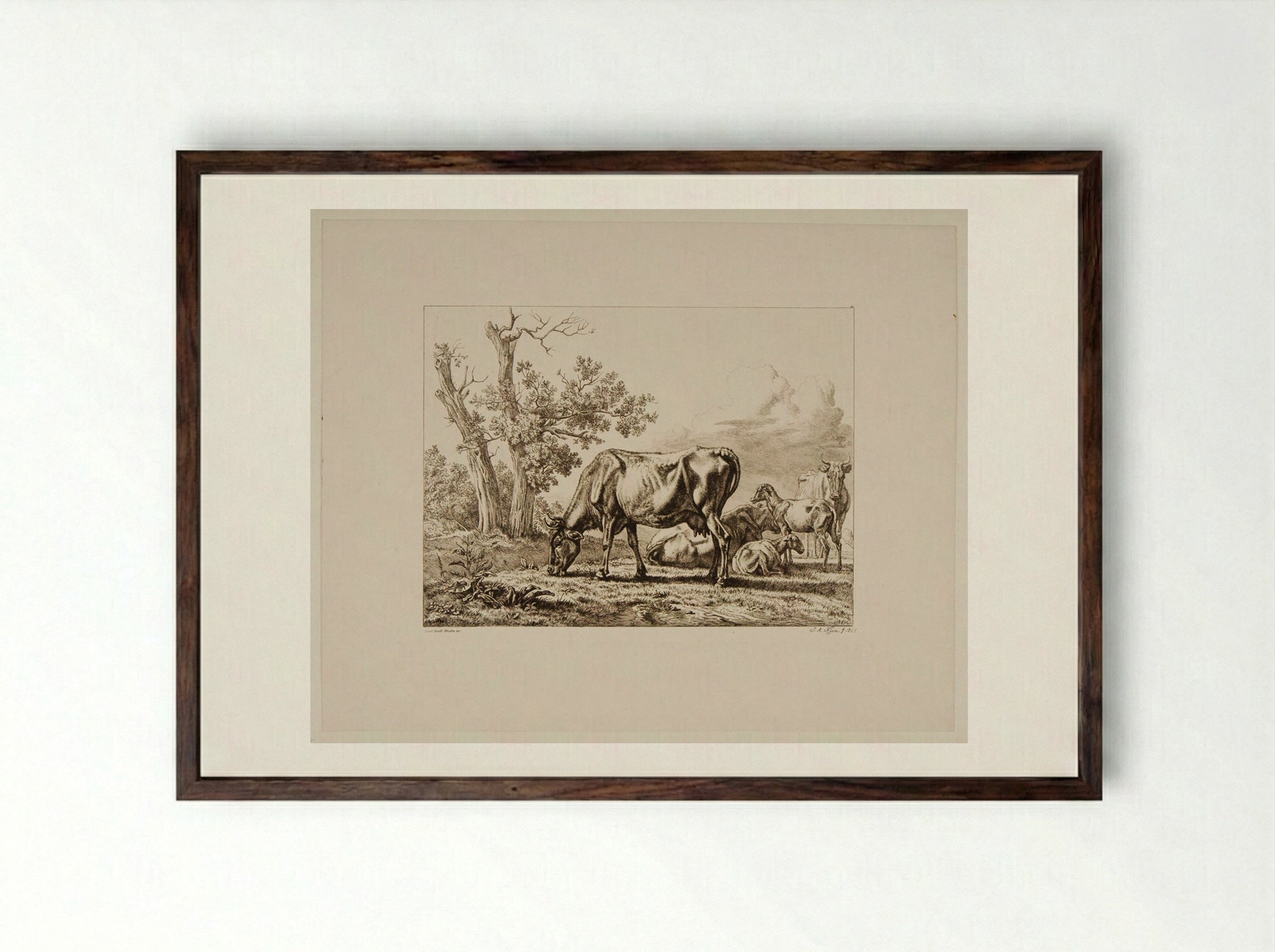 Cows and Sheep - Johann Adam Klein - Framed Print Dark Wood