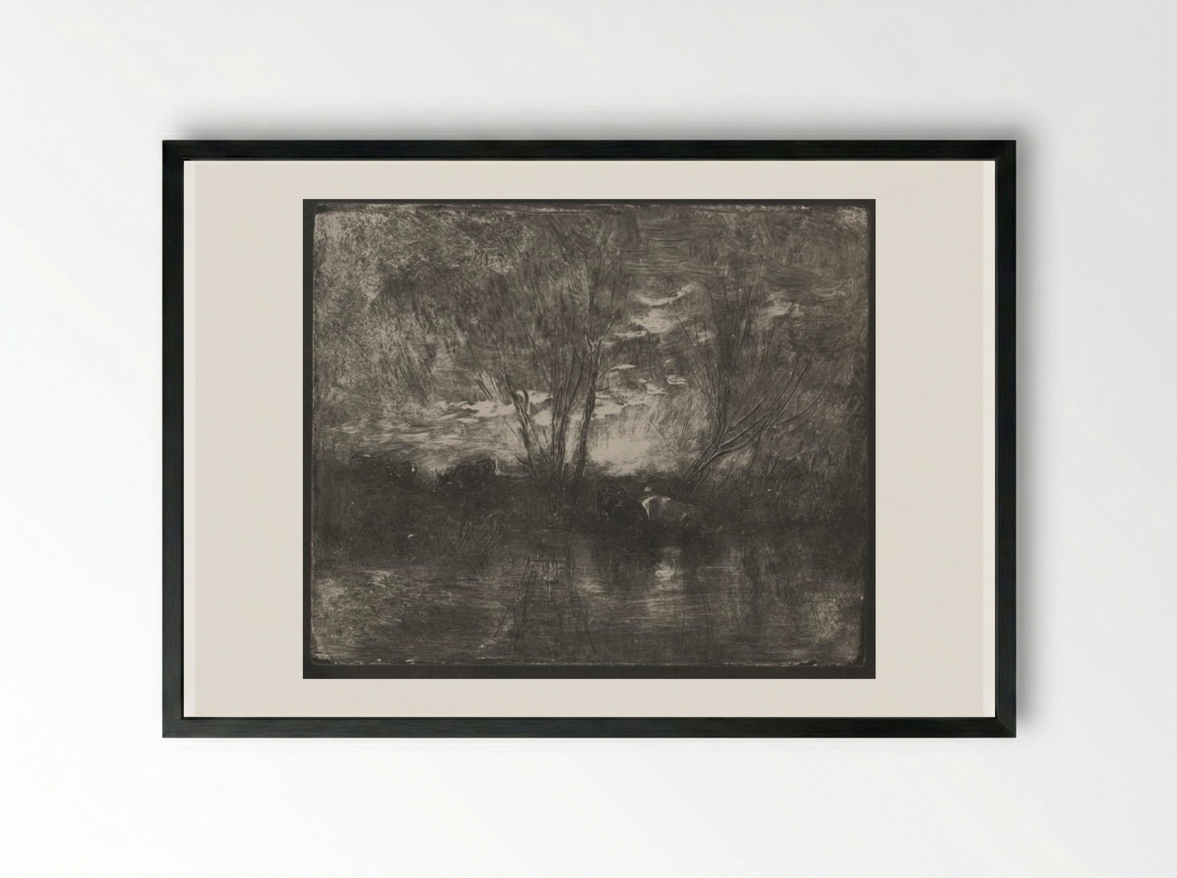 Cows at a Watering Place - Charles François Daubigny - Framed Print Black