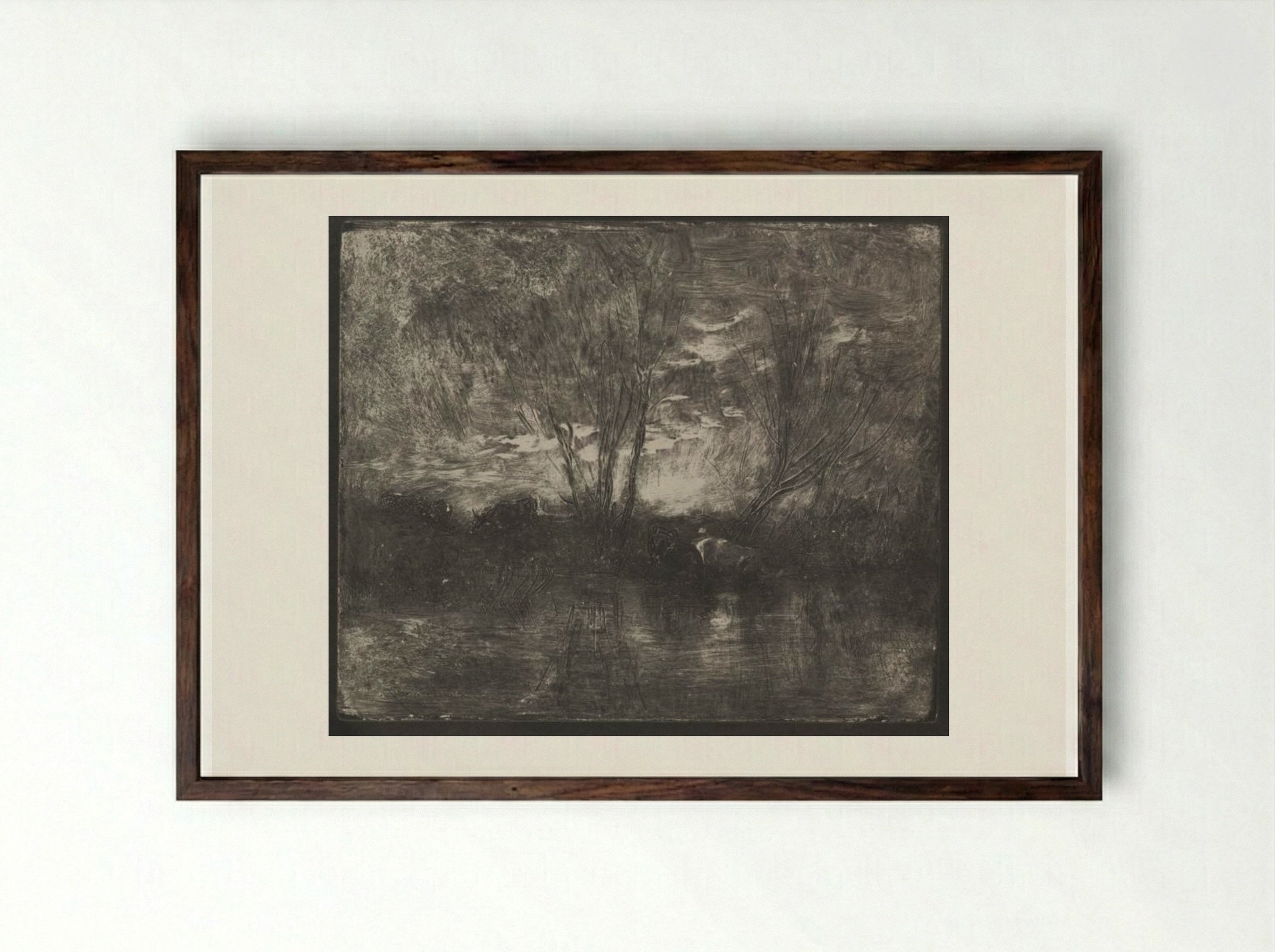 Cows at a Watering Place - Charles François Daubigny - Framed Print Dark Wood