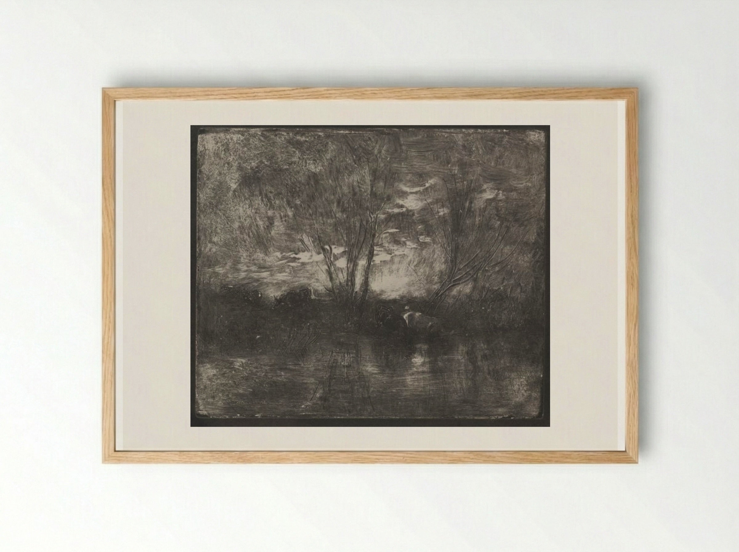 Cows at a Watering Place - Charles François Daubigny - Framed Print Wood
