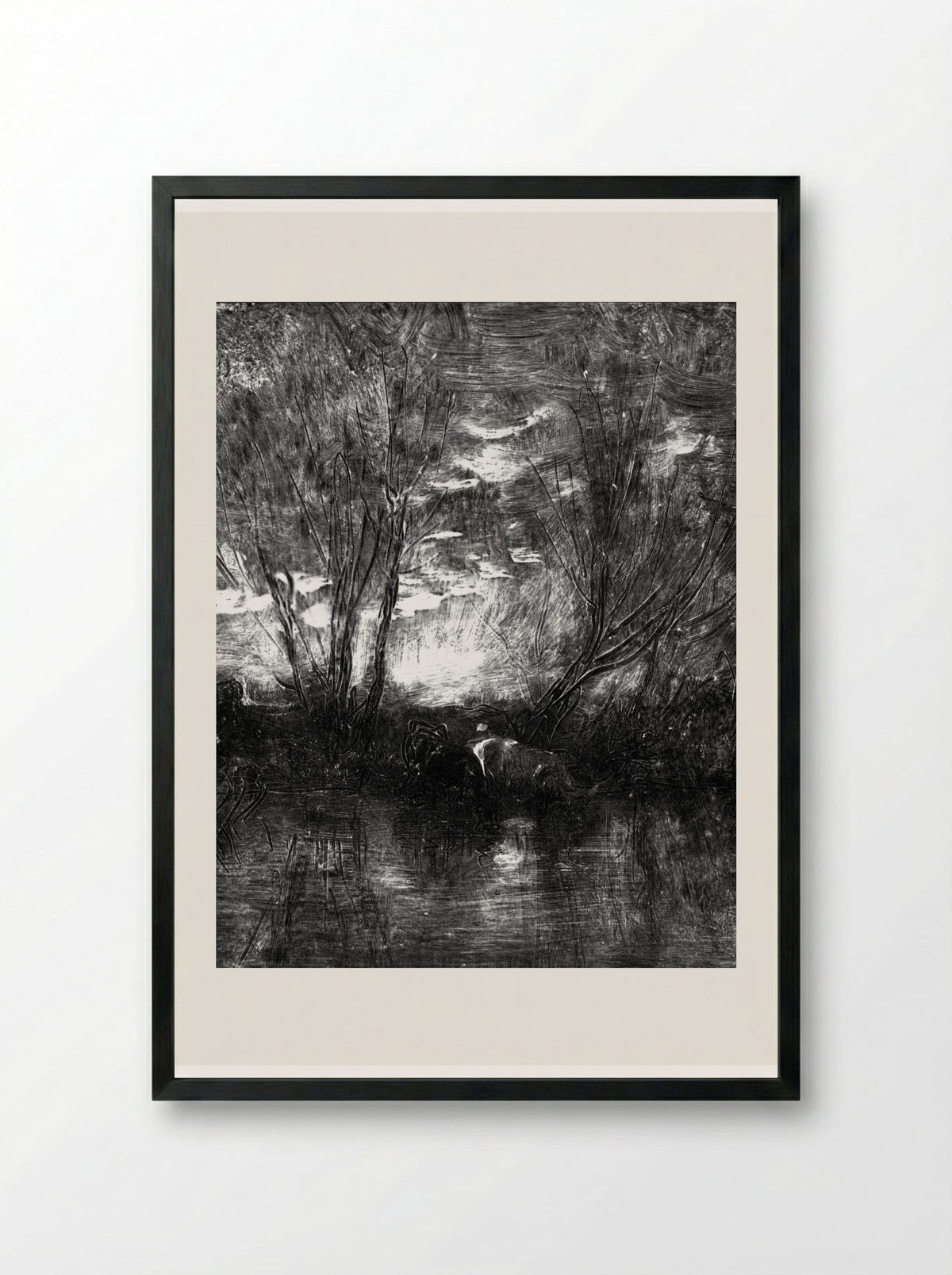 Cows at the Watering-Place - Charles-François Daubigny - Framed Print Black