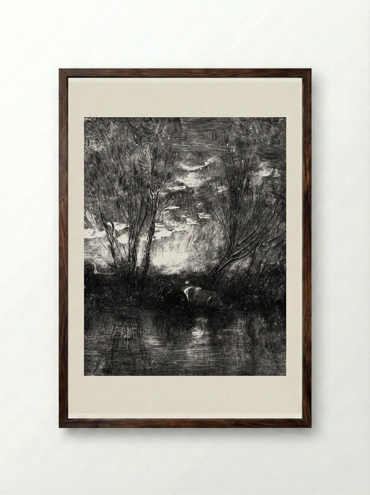Cows at the Watering-Place - Charles-François Daubigny - Framed Print Dark Wood