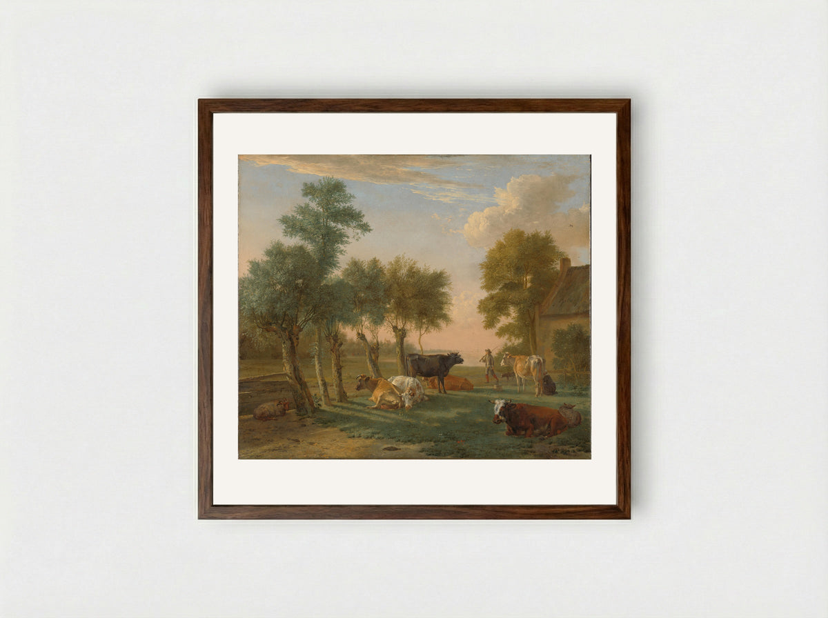 Cows in a Meadow near a Farm - Paulus Potter - Framed Print Dark Wood