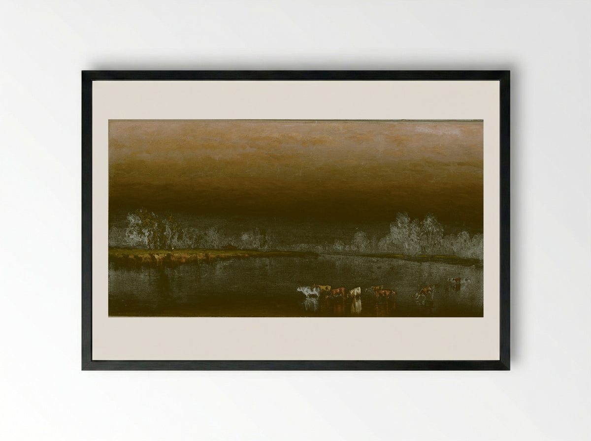 Cows in a Pond at Sunset - Sanford Robinson Gifford - Framed Print Black